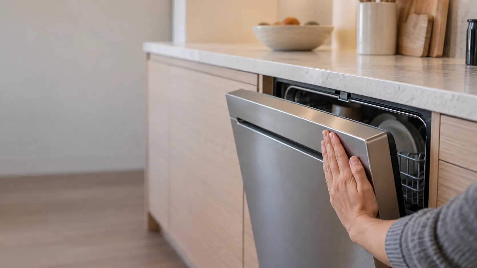 A dishwasher door standing slightly open with a hand pressing it closed, the latch area on the top edge visible against the countertop.