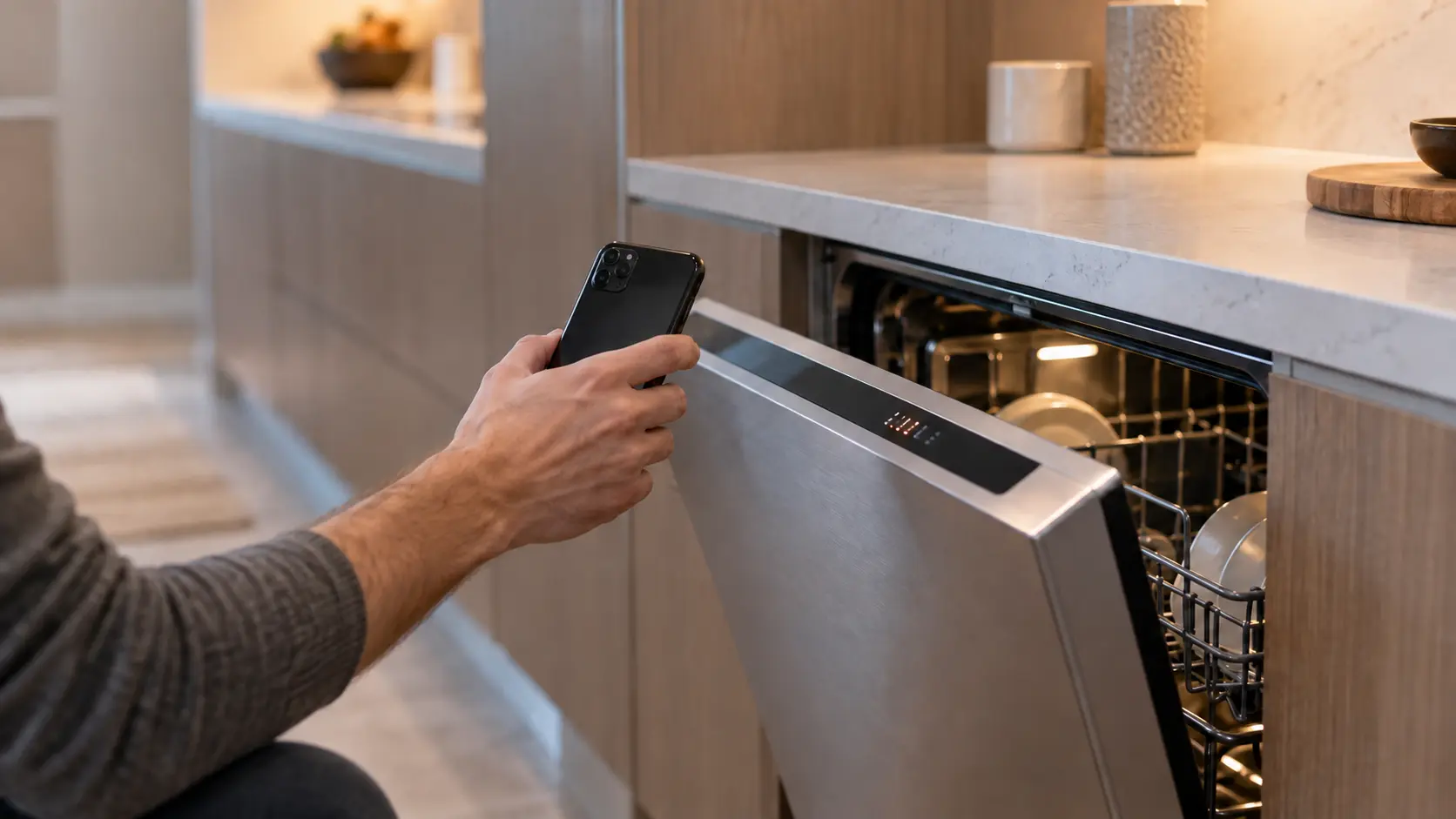 A dishwasher door tilted open with a small illuminated display on its top edge showing a short blinking code, a phone held nearby to photograph it.