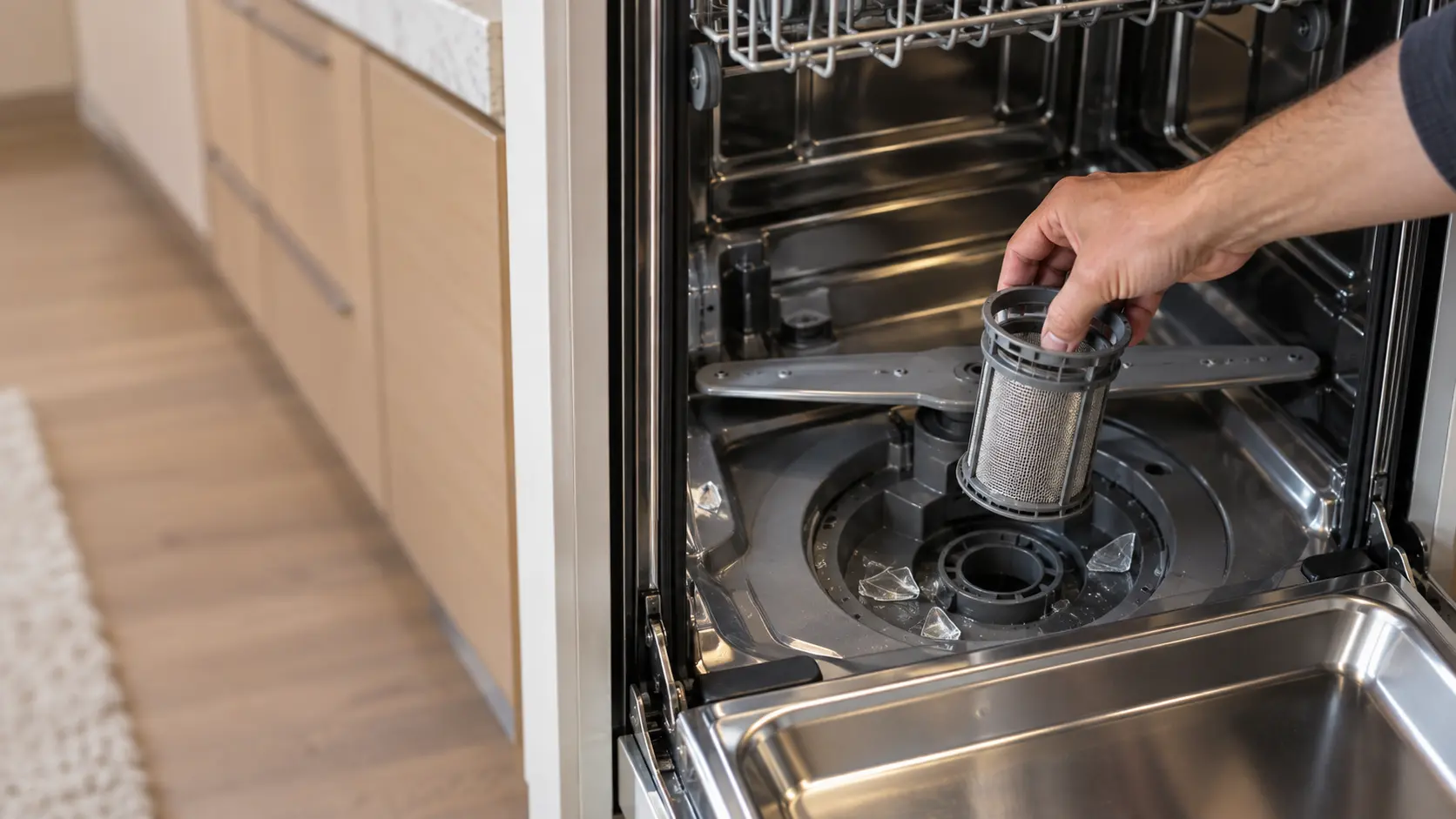 An open dishwasher with the lower rack removed and a hand lifting out the cylindrical filter, a few shards of broken glass visible in the sump below.