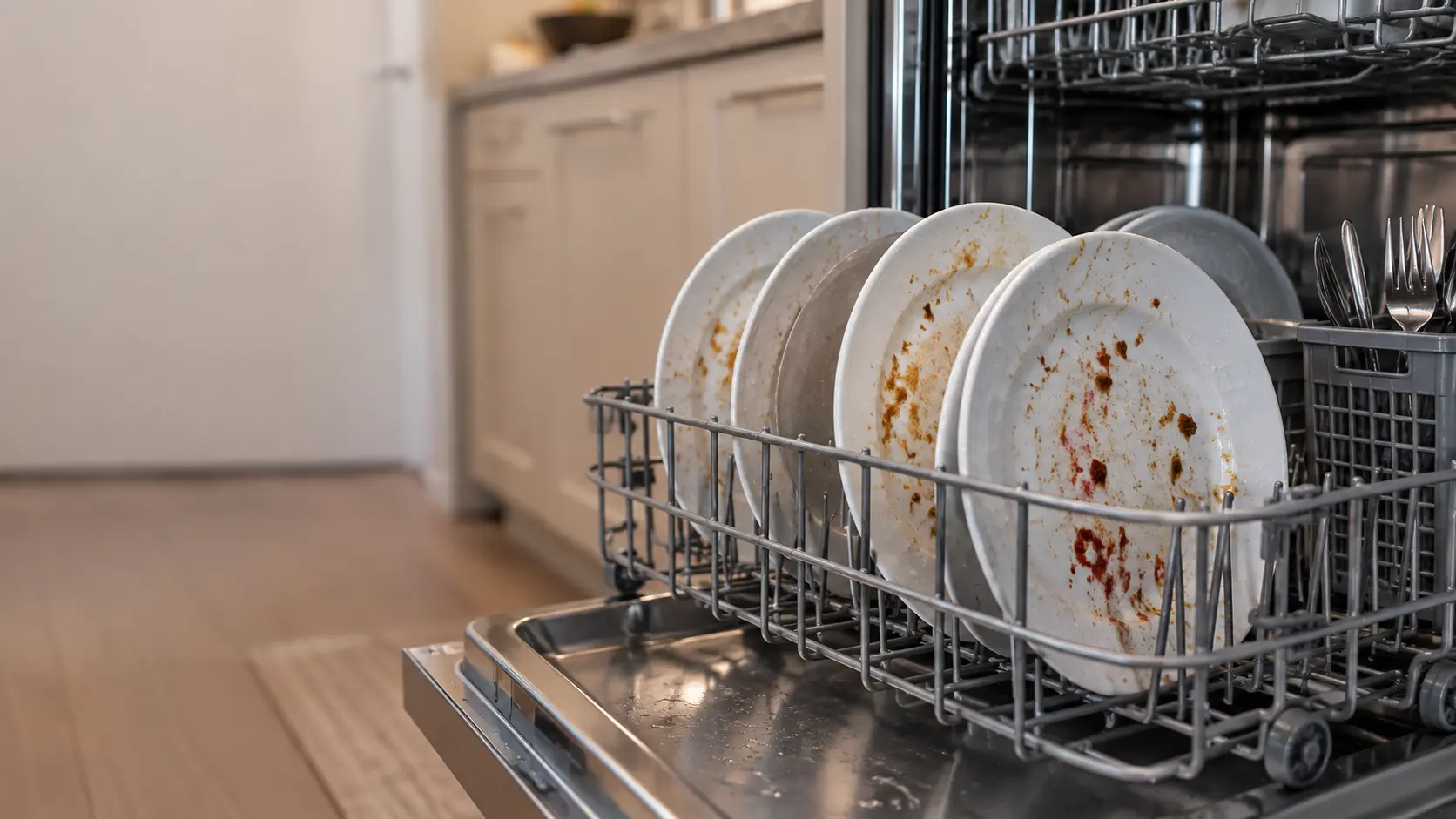 A close view of a lower dishwasher rack holding dinner plates with dried food still stuck to them after a cycle, water droplets on the rims.
