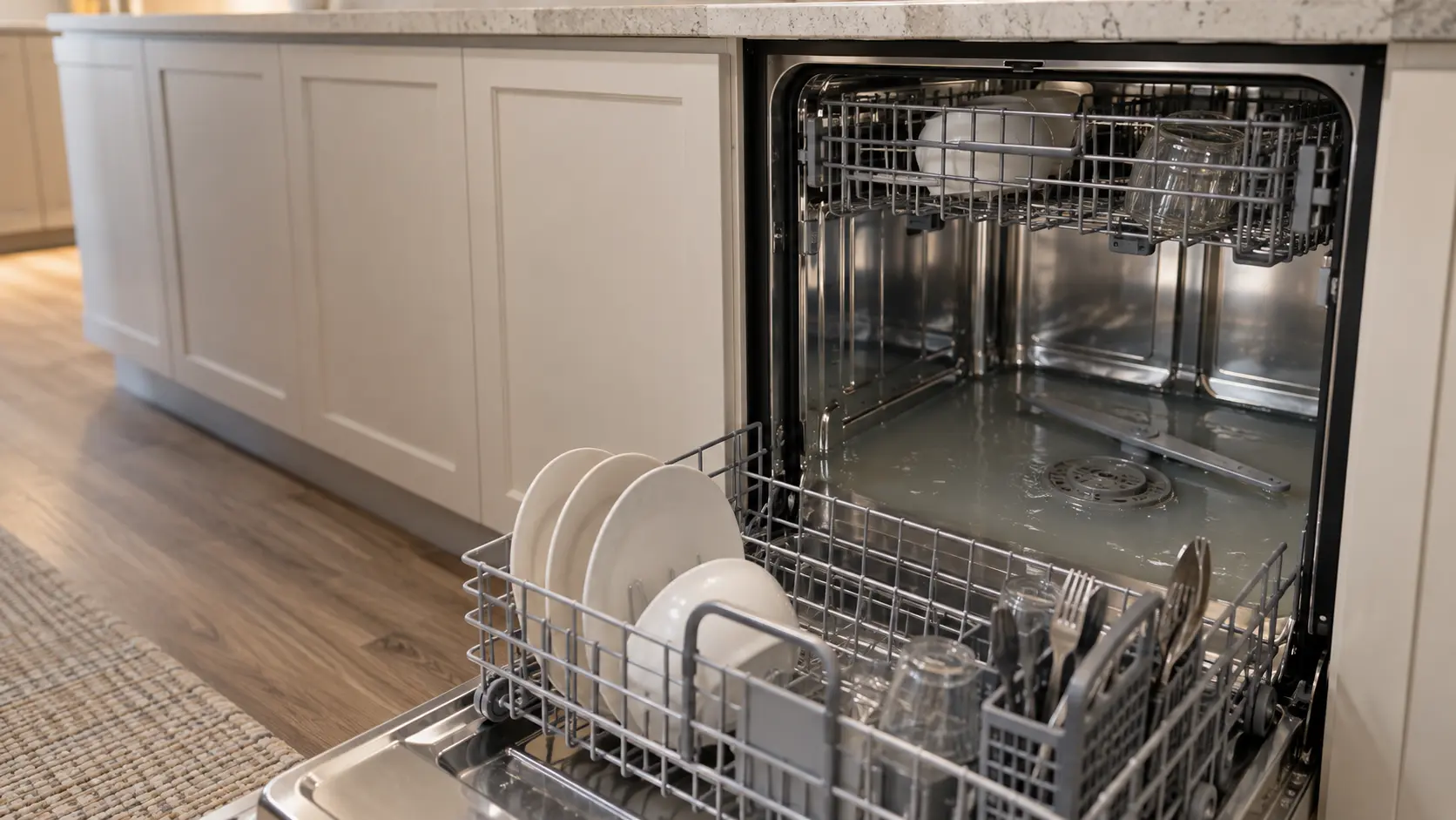 An open dishwasher with the lower rack pulled out and cloudy gray water standing across the bottom of the stainless tub around the filter.