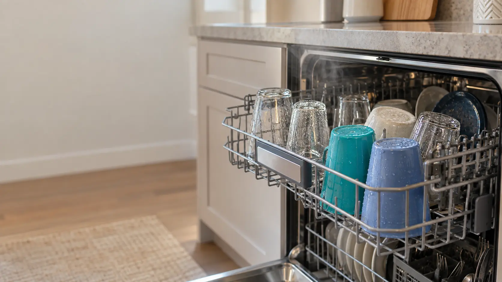 An open dishwasher at the end of a cycle with drinking glasses and upturned plastic cups on the top rack, water beads pooled on their bases and a light wisp of steam.
