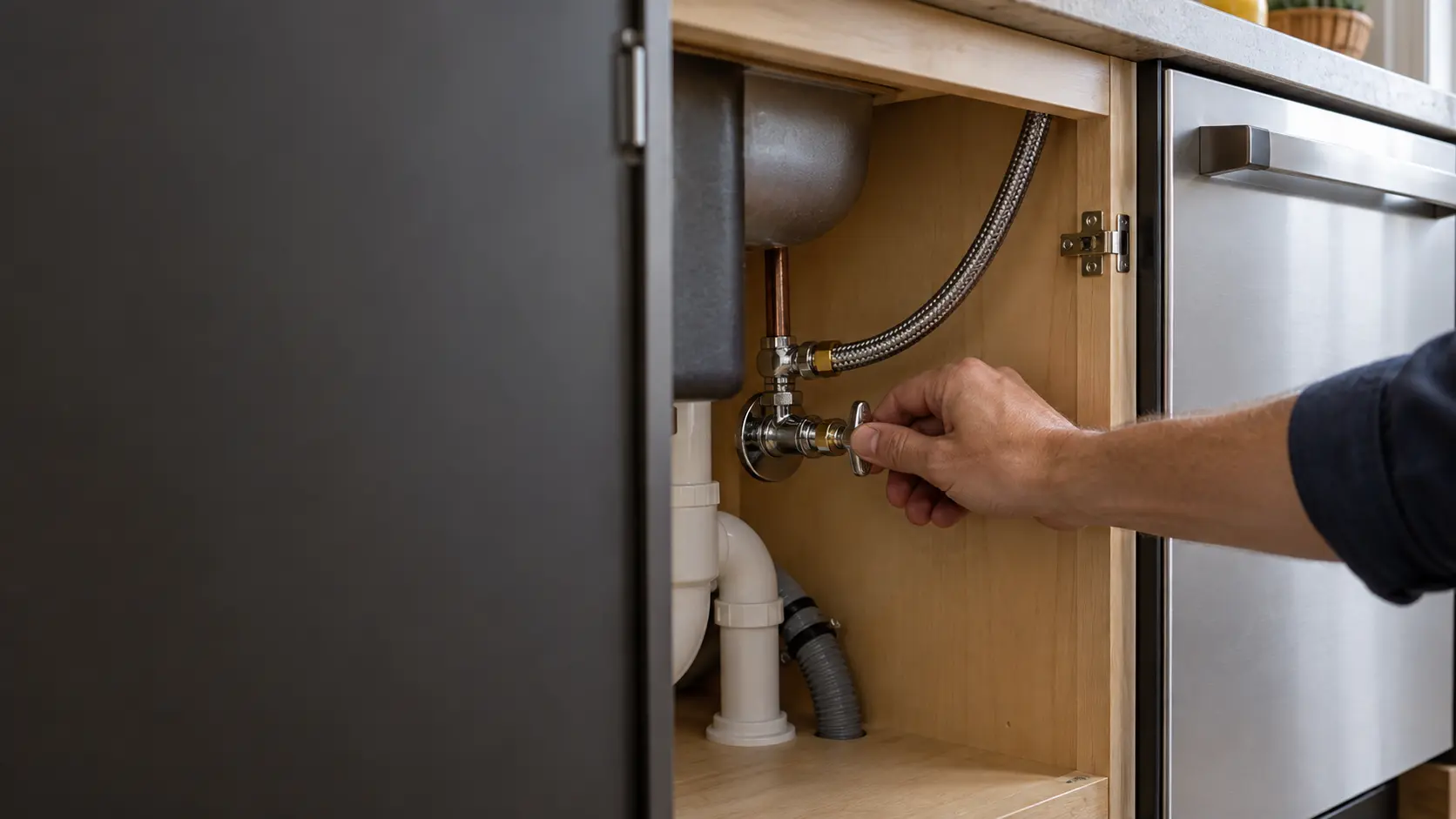 The inside of a US kitchen sink cabinet showing a chrome hot-water shutoff valve with a braided line running toward the dishwasher, a hand turning the valve handle.