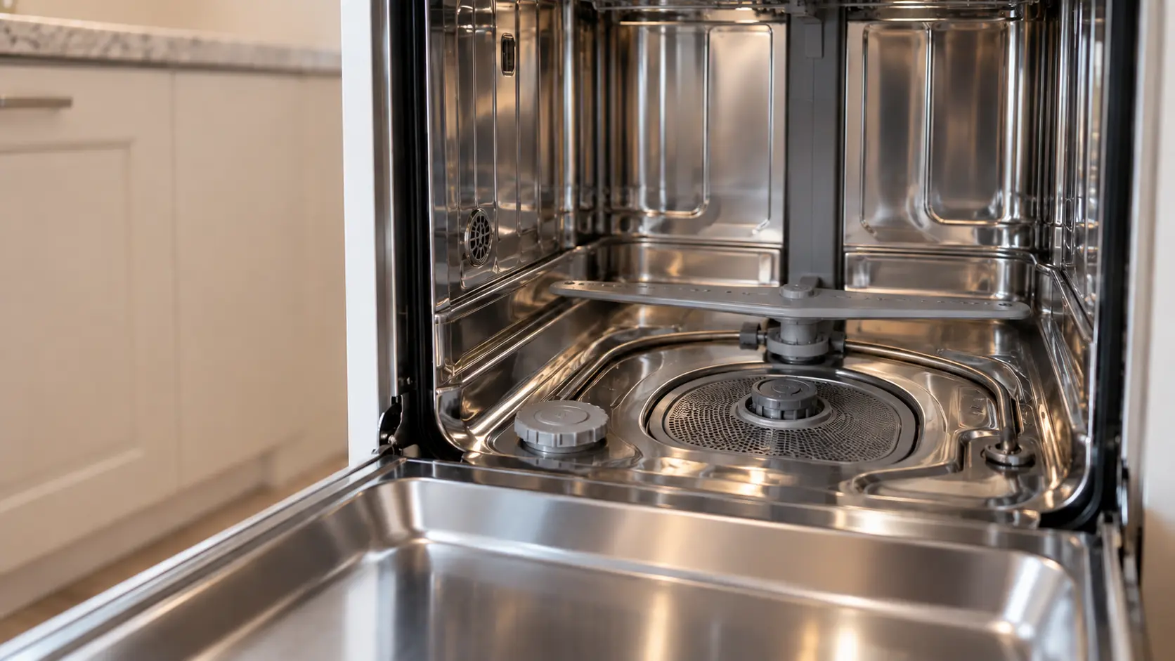 The bottom of an empty stainless dishwasher tub with the lower rack removed, showing the curved heating element loop and the round filter cover.