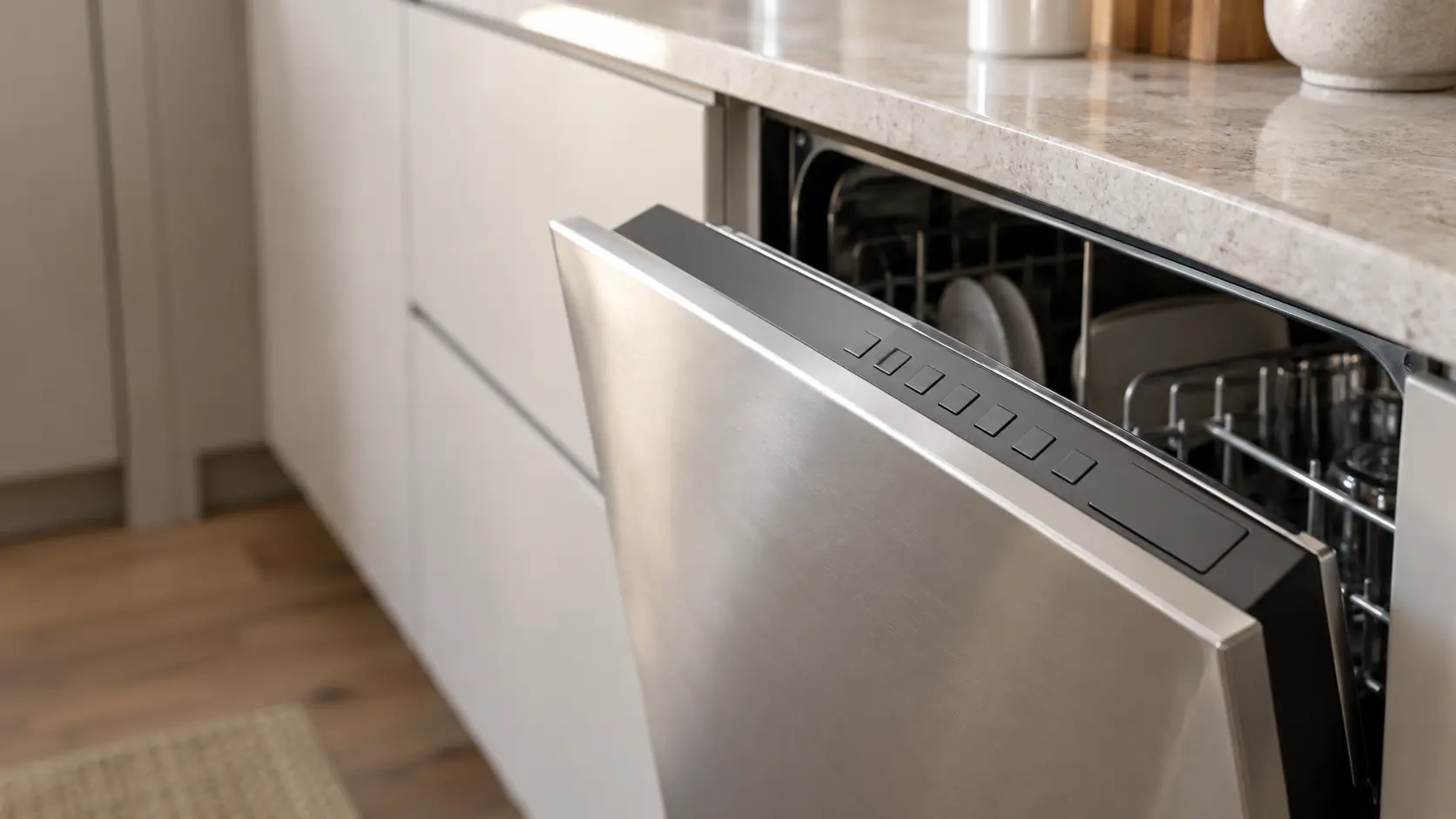 A close view of a dishwasher's top-edge control panel with the door slightly ajar and the buttons unlit.