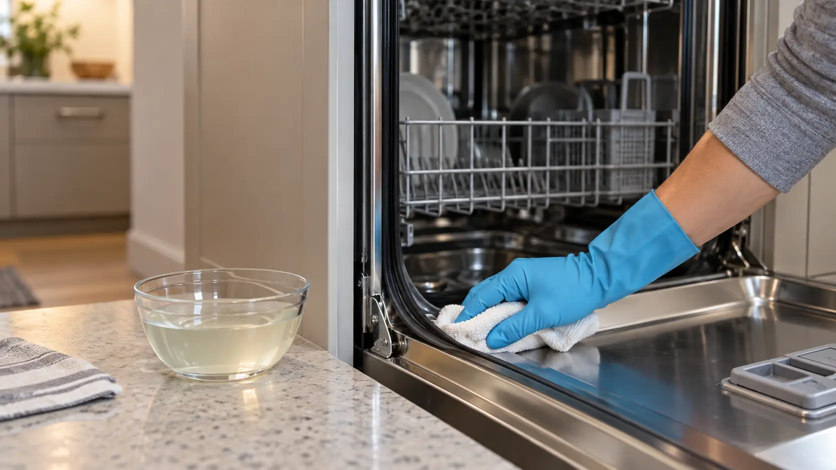 A hand in a rubber glove wiping the lower door gasket of an open dishwasher with a cloth, a bowl of vinegar solution on the counter beside it.