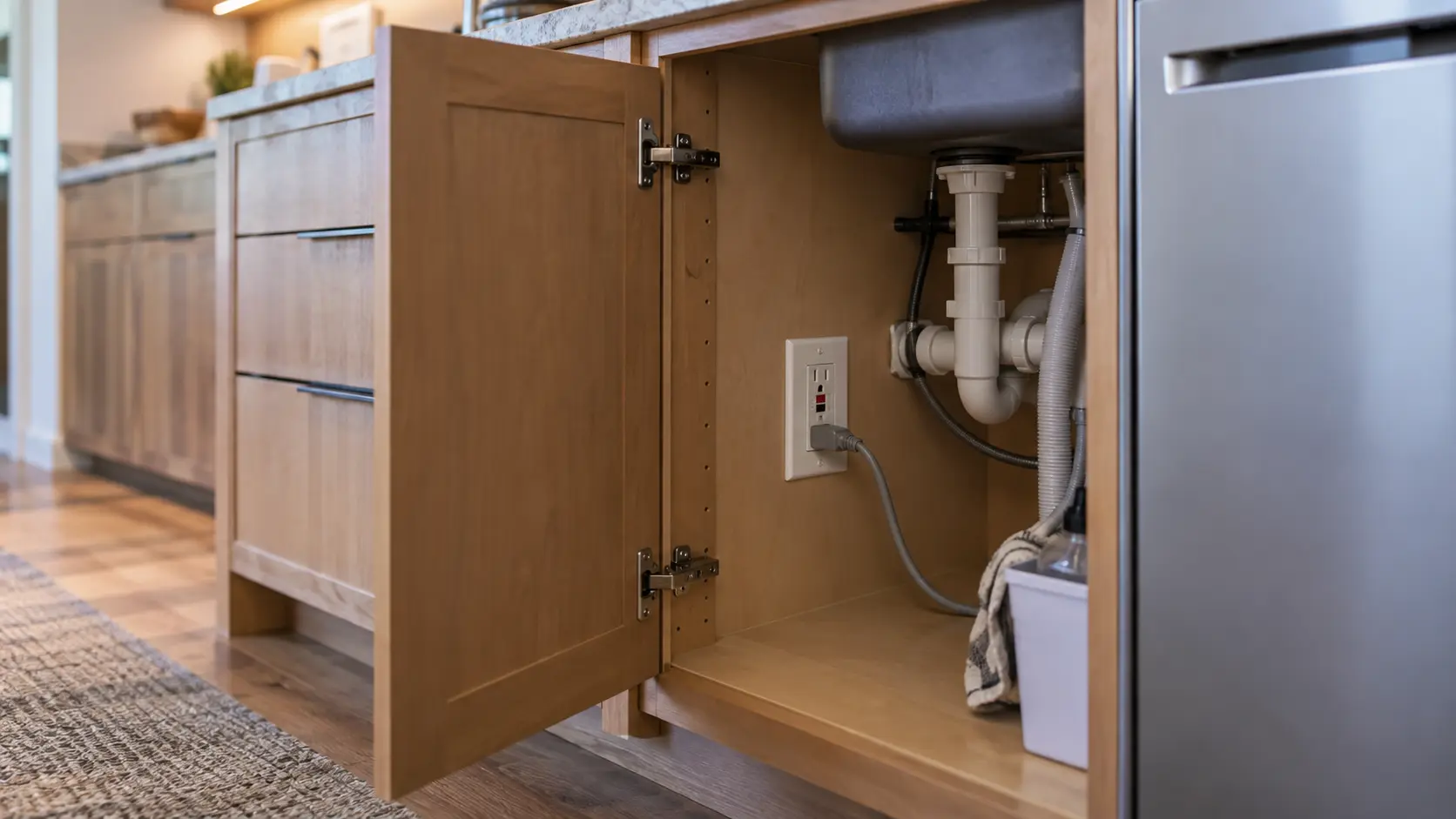 A white GFCI outlet inside an under-sink kitchen cabinet with the dishwasher power cord plugged in and the reset button popped out.