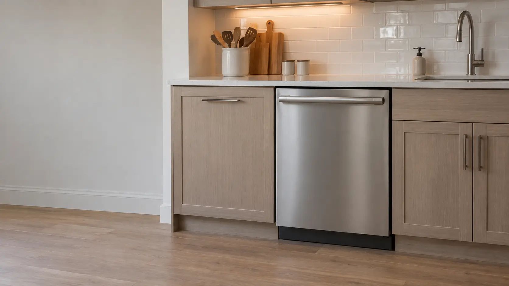 A stainless 24-inch built-in dishwasher sits flush under a quartz countertop beside the sink in a US home kitchen.