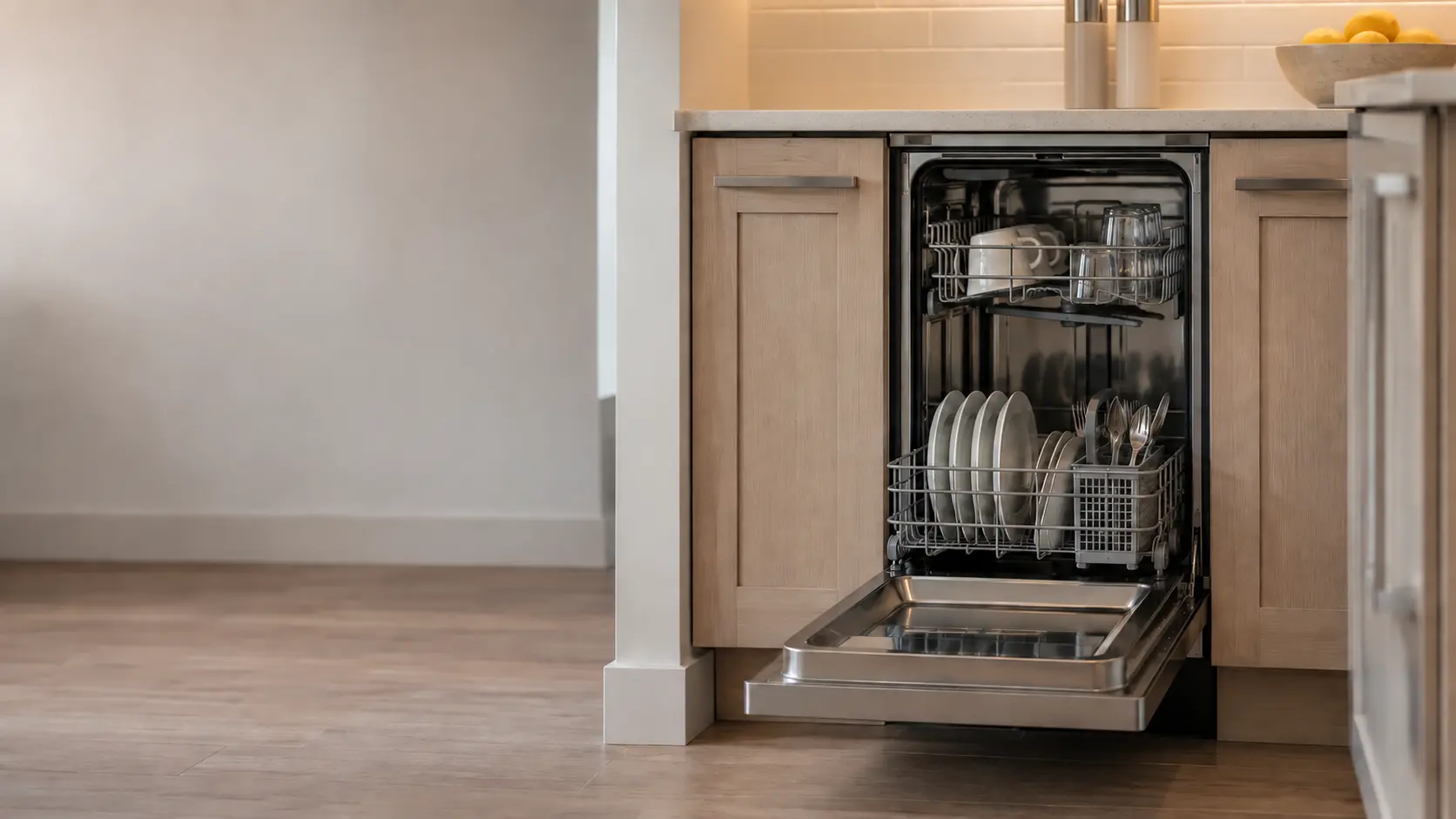 An 18-inch compact dishwasher stands open between two narrow cabinets in a small US apartment kitchen.