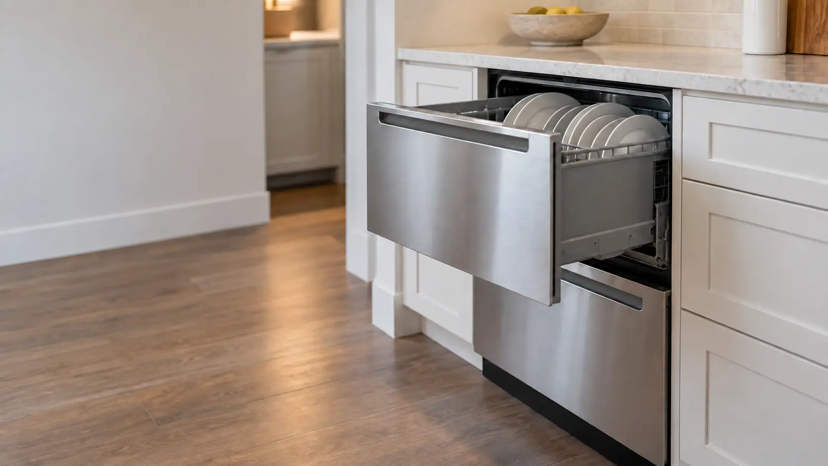 A double dishwasher drawer unit with the upper drawer pulled open and loaded with plates, set into white cabinets in a US home kitchen.