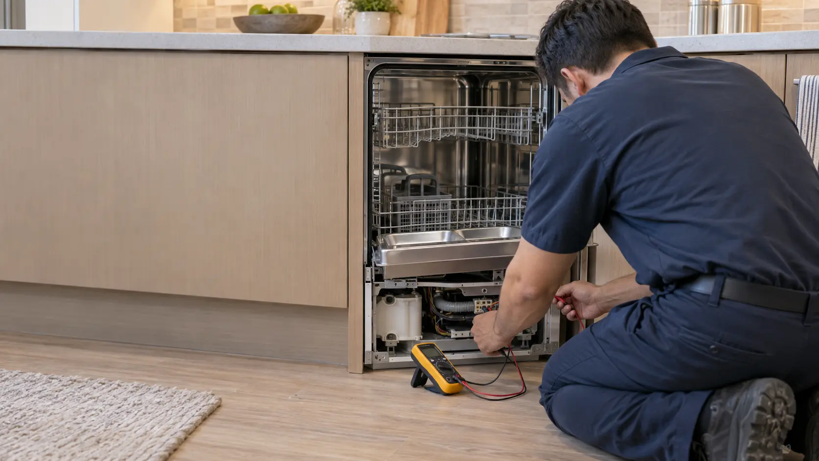 A repair technician in a plain navy work shirt kneeling beside an open dishwasher, holding a multimeter probe to a terminal at the base, face turned away.