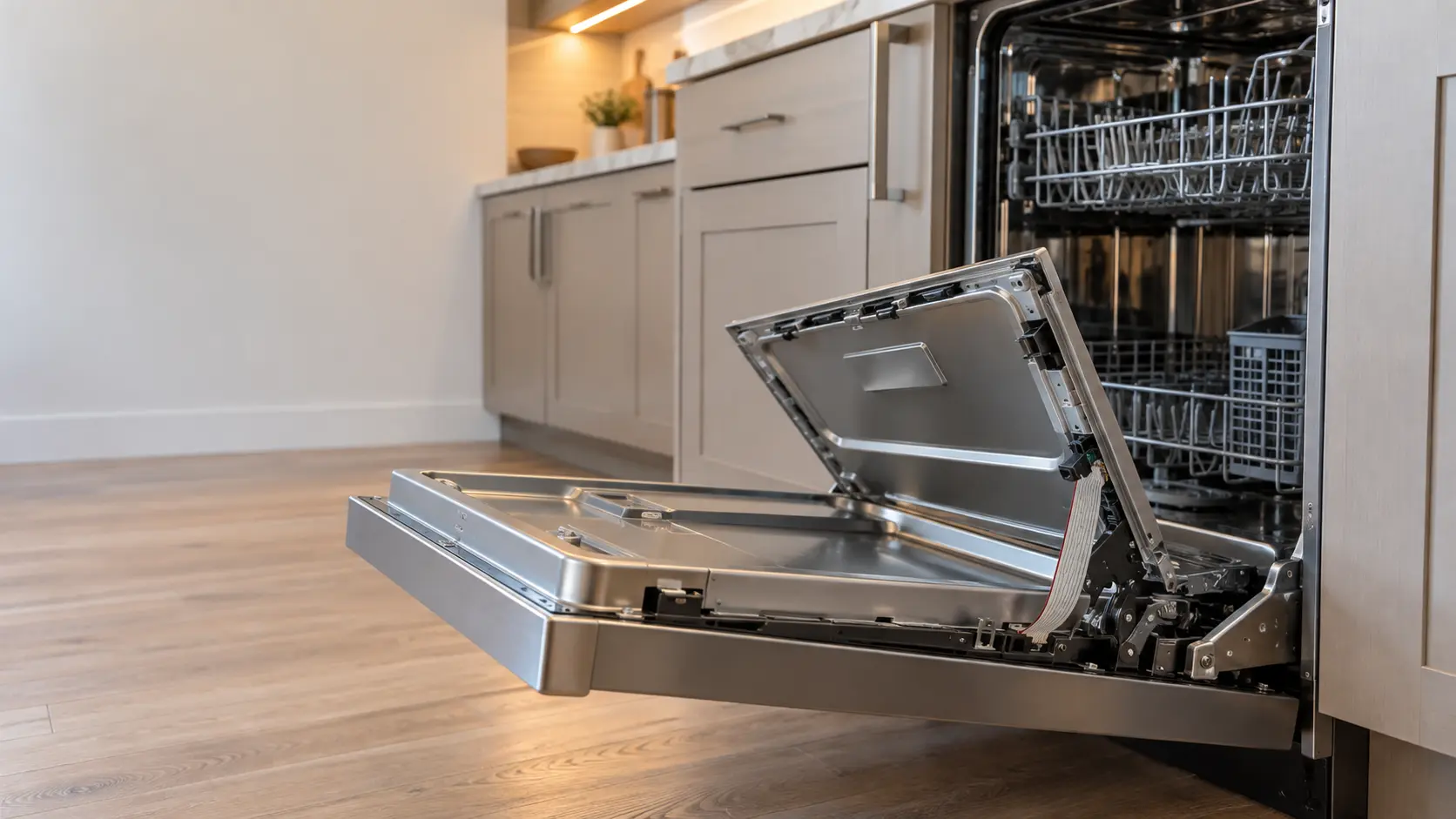 The inner door of a dishwasher with its panel lifted away, a flat ribbon cable running down beside the hinge toward the base of the machine.