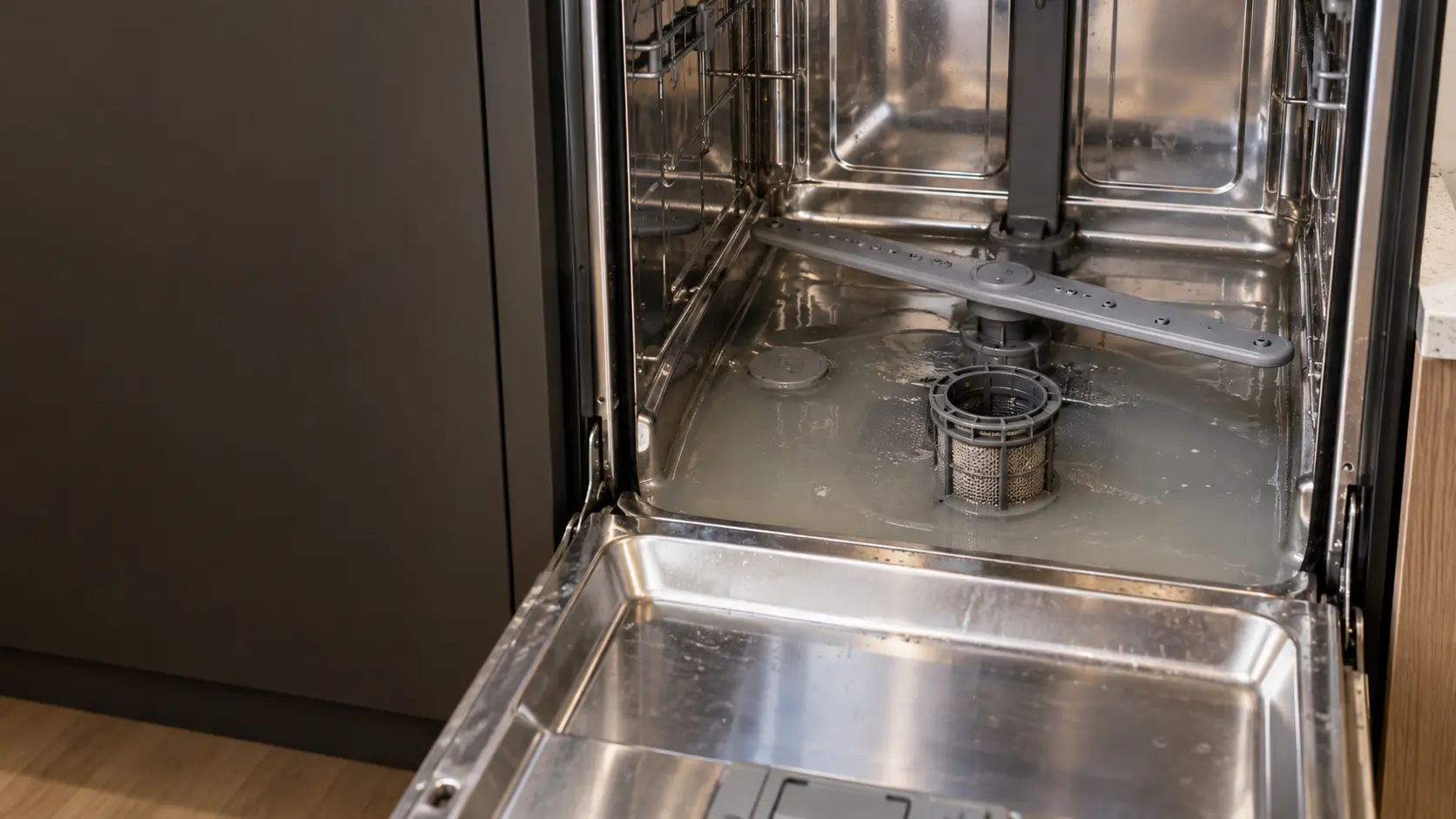 The bottom of a dishwasher tub with the lower rack removed, cloudy water standing around the cylindrical filter and the spray arm above it.