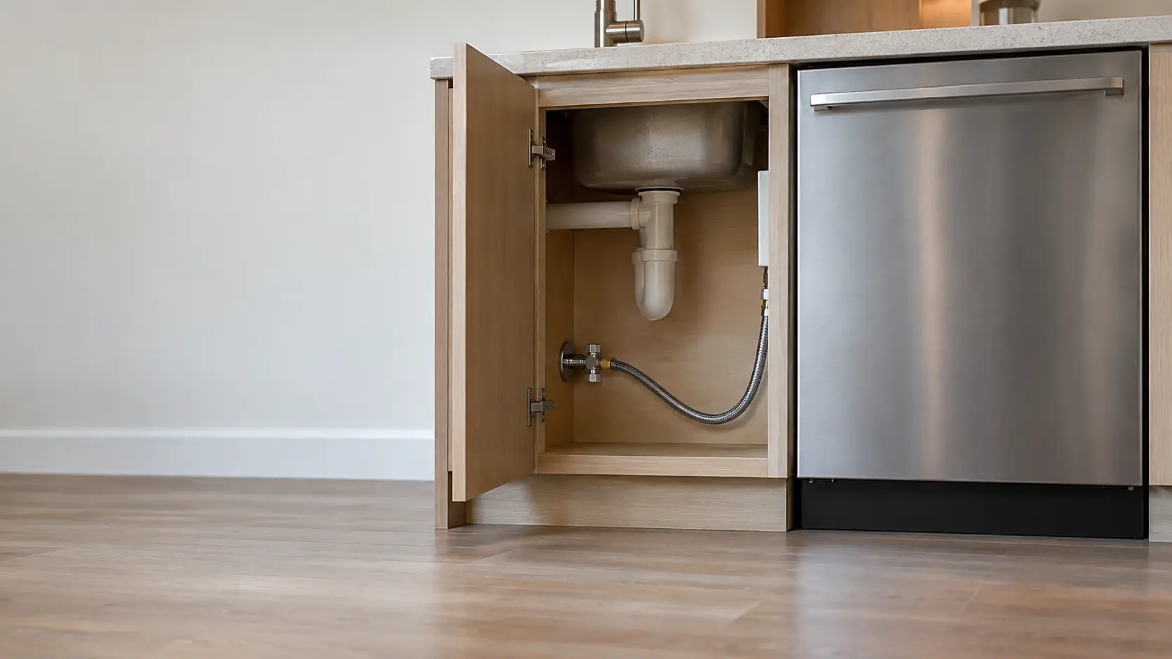 The cabinet under a kitchen sink with its door open, a braided supply line running from a small shut-off valve toward the side of a dishwasher.