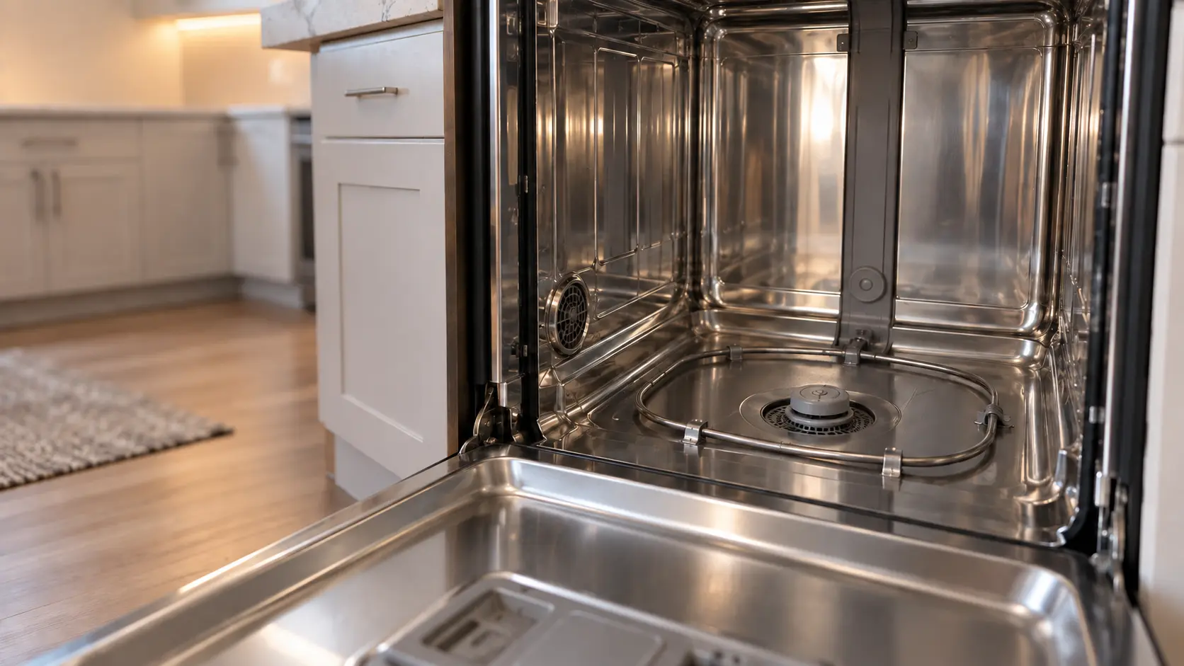 The looped heating element running around the floor of an empty dishwasher tub, stainless walls reflecting a soft light.