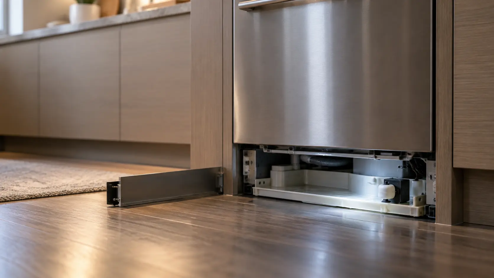 The toe kick panel removed from the bottom of a dishwasher, a flashlight beam on a shallow plastic base pan with a small float switch in one corner.