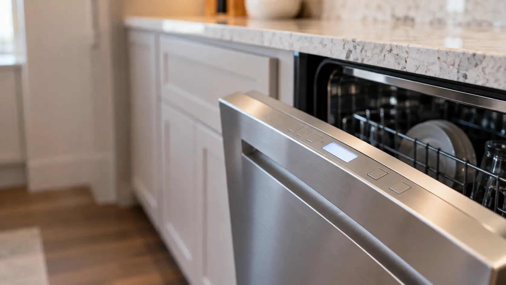 The control strip along the top edge of a dishwasher door seen close, a small display glowing softly with no readable characters, the cabinet front blurred around it.