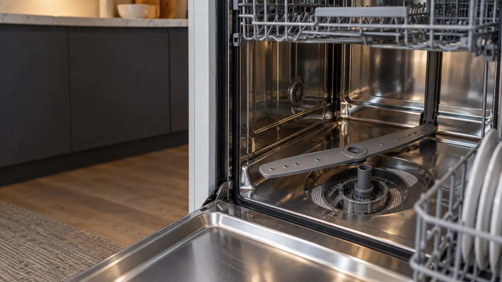 The lower spray arm of a dishwasher lifted off its hub, the pump housing and the filter beneath it visible at the center of the tub floor.