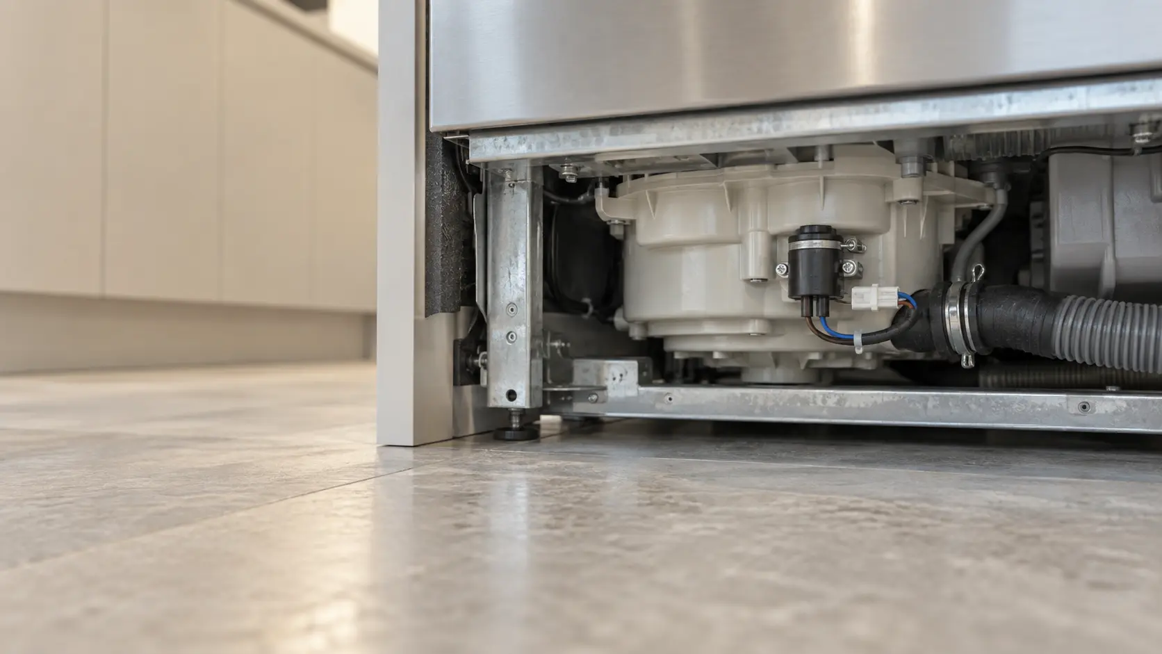 A small sensor mounted on the underside of a dishwasher tub beside the sump, its wires running neatly to a connector, seen from below with the kick panel off.