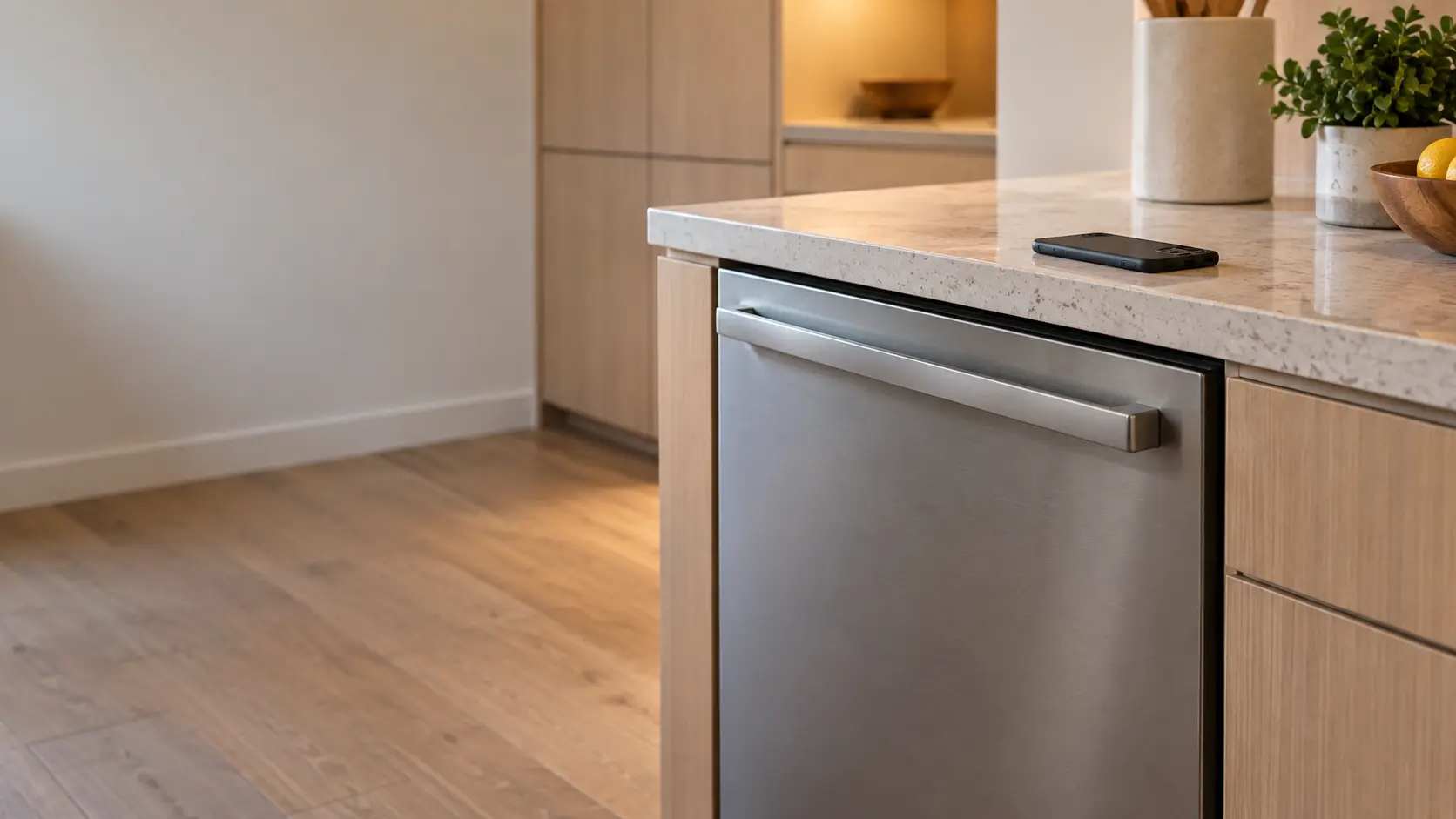 A kitchen worktop with a phone lying face down beside a closed dishwasher below, soft daylight.
