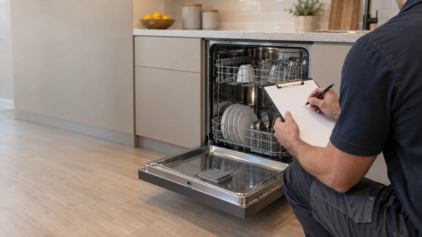 A technician writing on a blank clipboard beside an open dishwasher, the page empty of any writing.