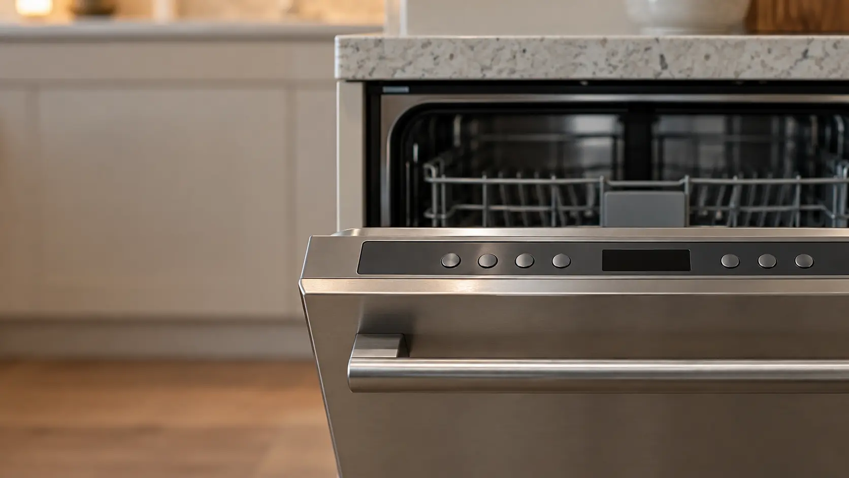 The control keys along the top rim of a dishwasher door, seen close and square on.