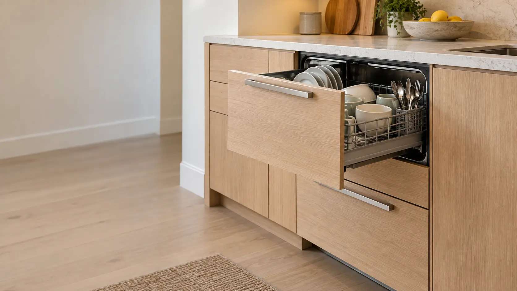 A double dishwasher drawer with the upper drawer pulled open showing a loaded rack, set into light oak cabinetry in a US home kitchen.