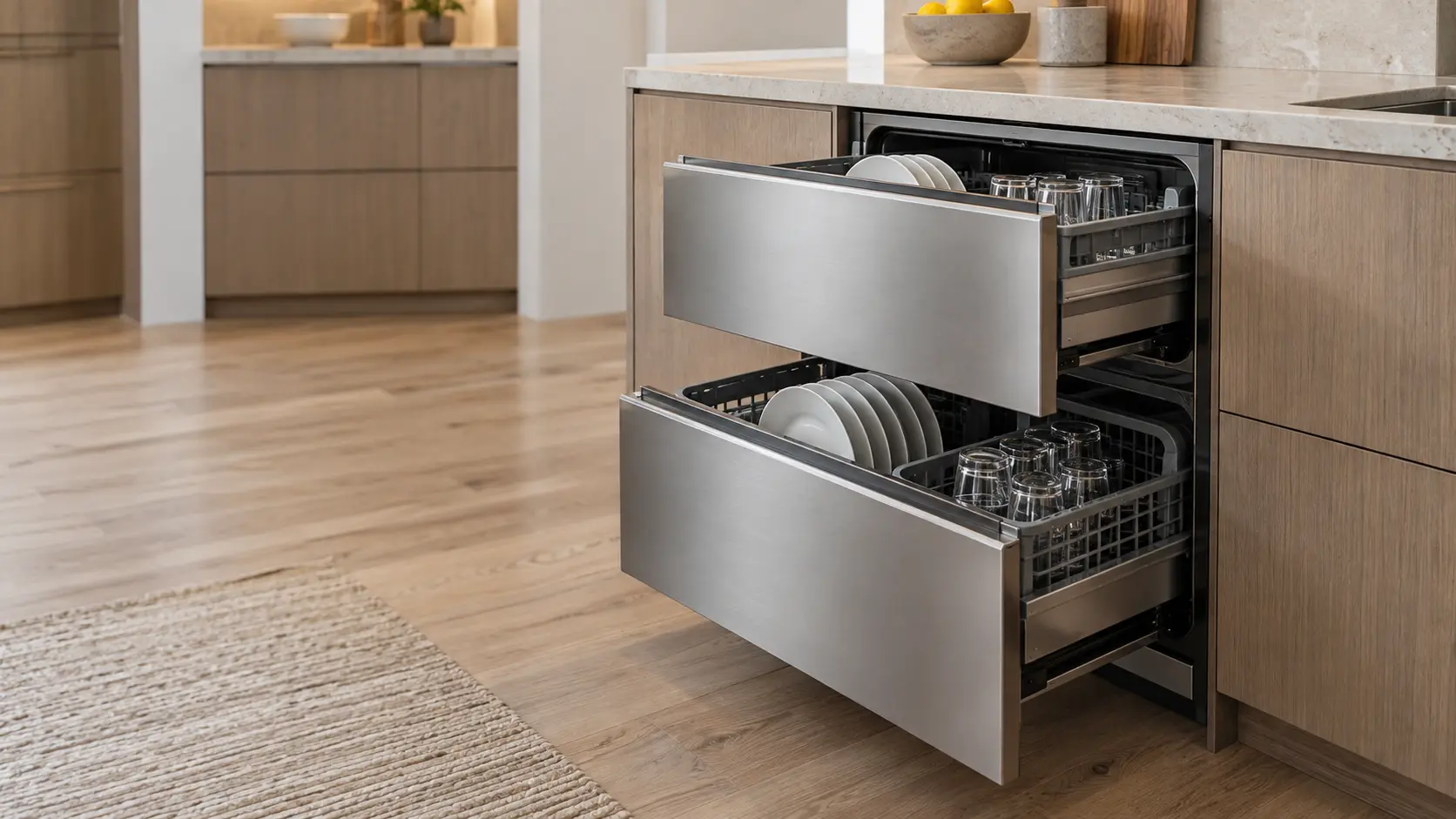A double dish drawer with both drawers pulled out, plates and glasses loaded, under a stone worktop.