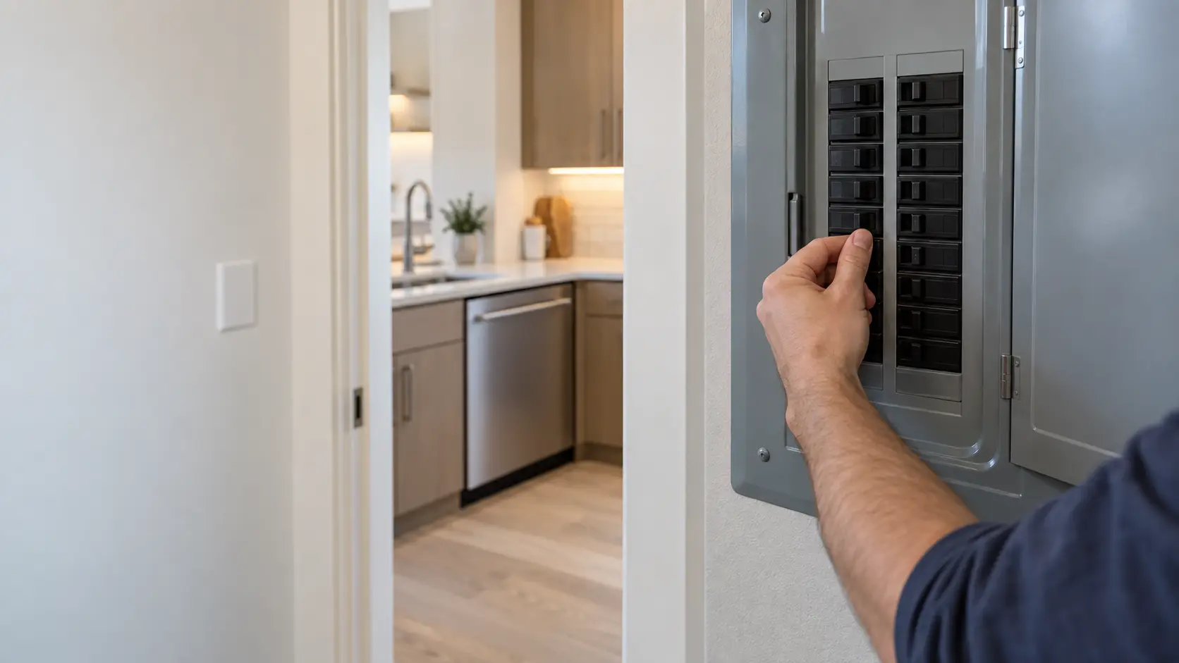A hand resetting a breaker in a residential electrical panel inside a US home, with a built-in dishwasher visible in the kitchen beyond an open doorway.