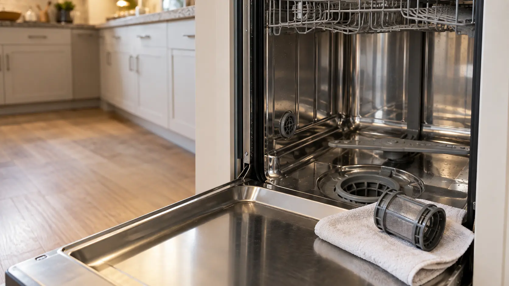 The open tub of a built-in dishwasher in a US home kitchen with the lower rack removed and a cylindrical mesh filter resting on a towel beside the sump.