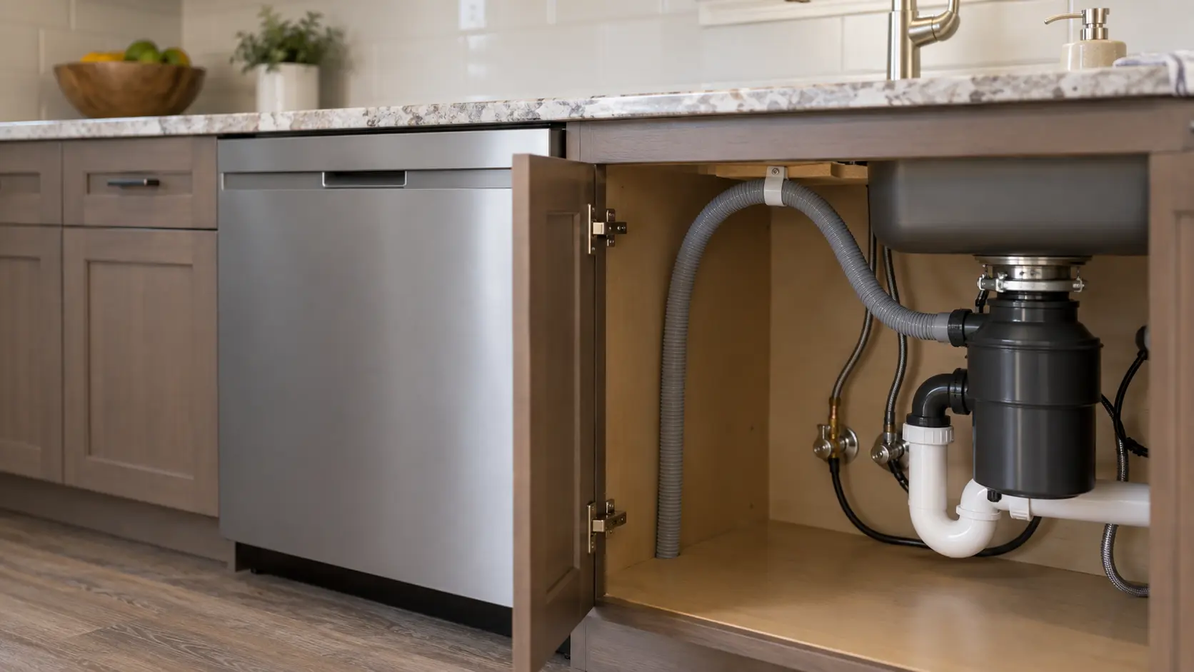 An open sink base cabinet in a US home kitchen with a gray corrugated dishwasher drain hose clipped high under the countertop in an arc before it drops to the disposal.