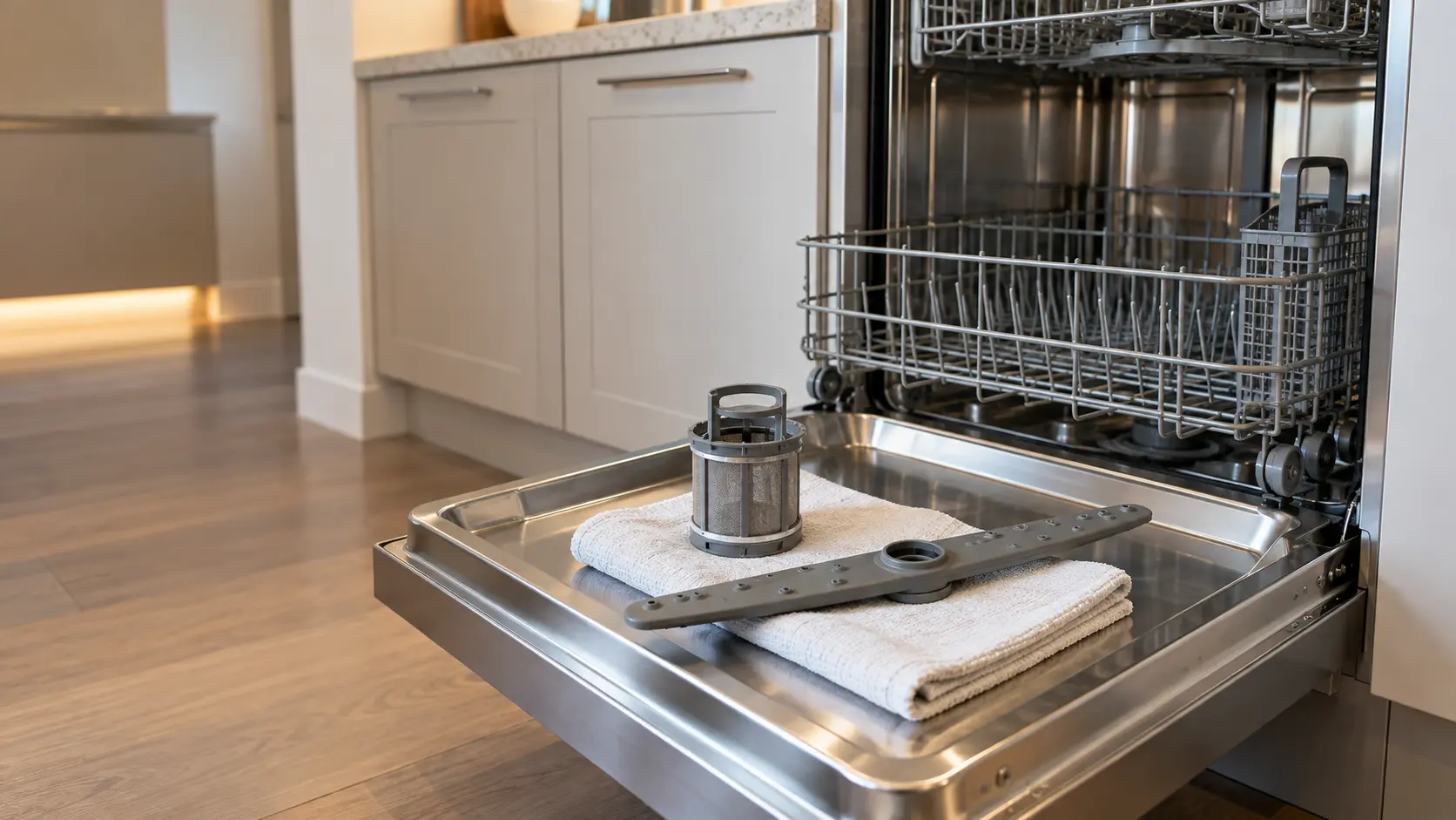 The lower rack of a stainless built-in dishwasher pulled out, with the cylindrical filter and the lower spray arm lying on a folded towel on the open door, in a US home kitchen.