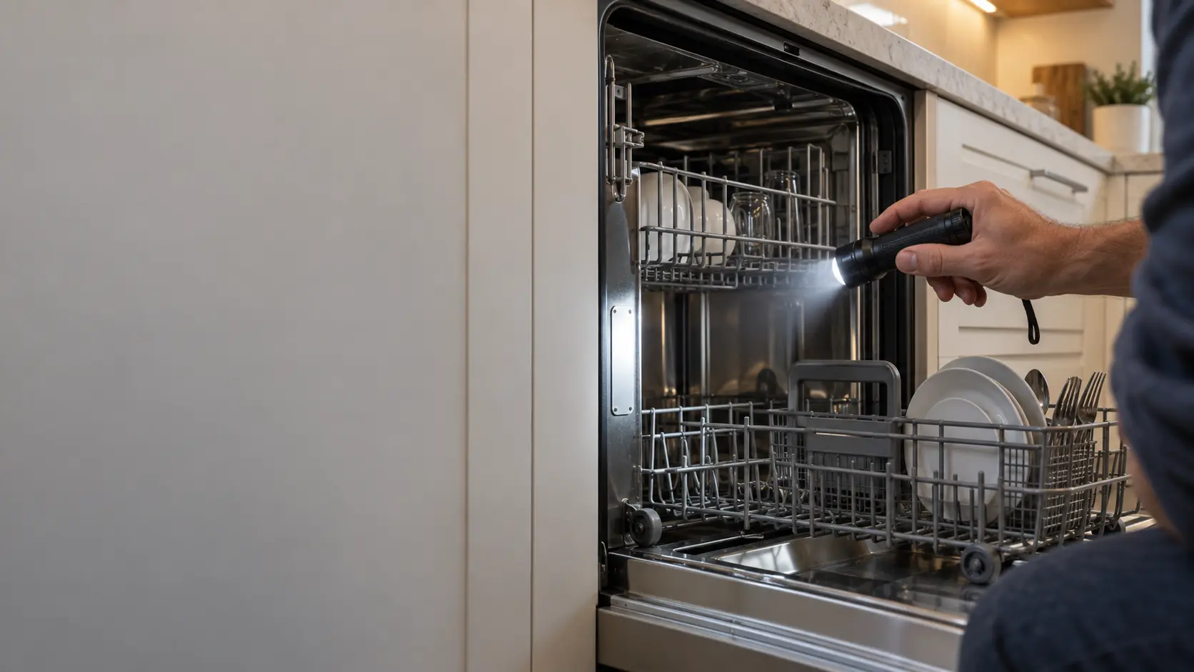 The open door of a built-in dishwasher in a US home kitchen with a flashlight beam lighting a small blank rating label on the side edge of the tub.