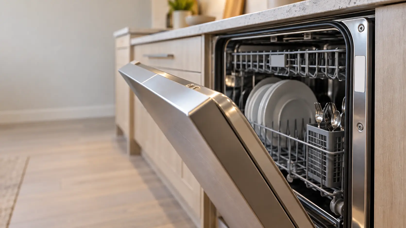 The side edge of an open dishwasher door with a small blank rating label on the tub rim, seen close.