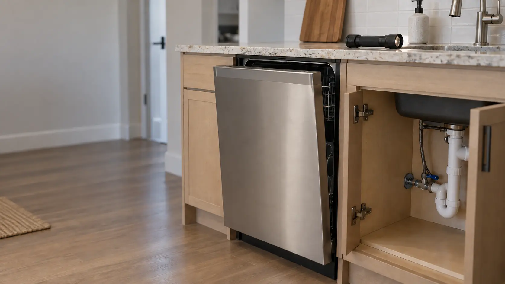 A built-in dishwasher in a US home kitchen with its door slightly open and the open sink cabinet beside it showing the supply valve, a flashlight resting on the counter.