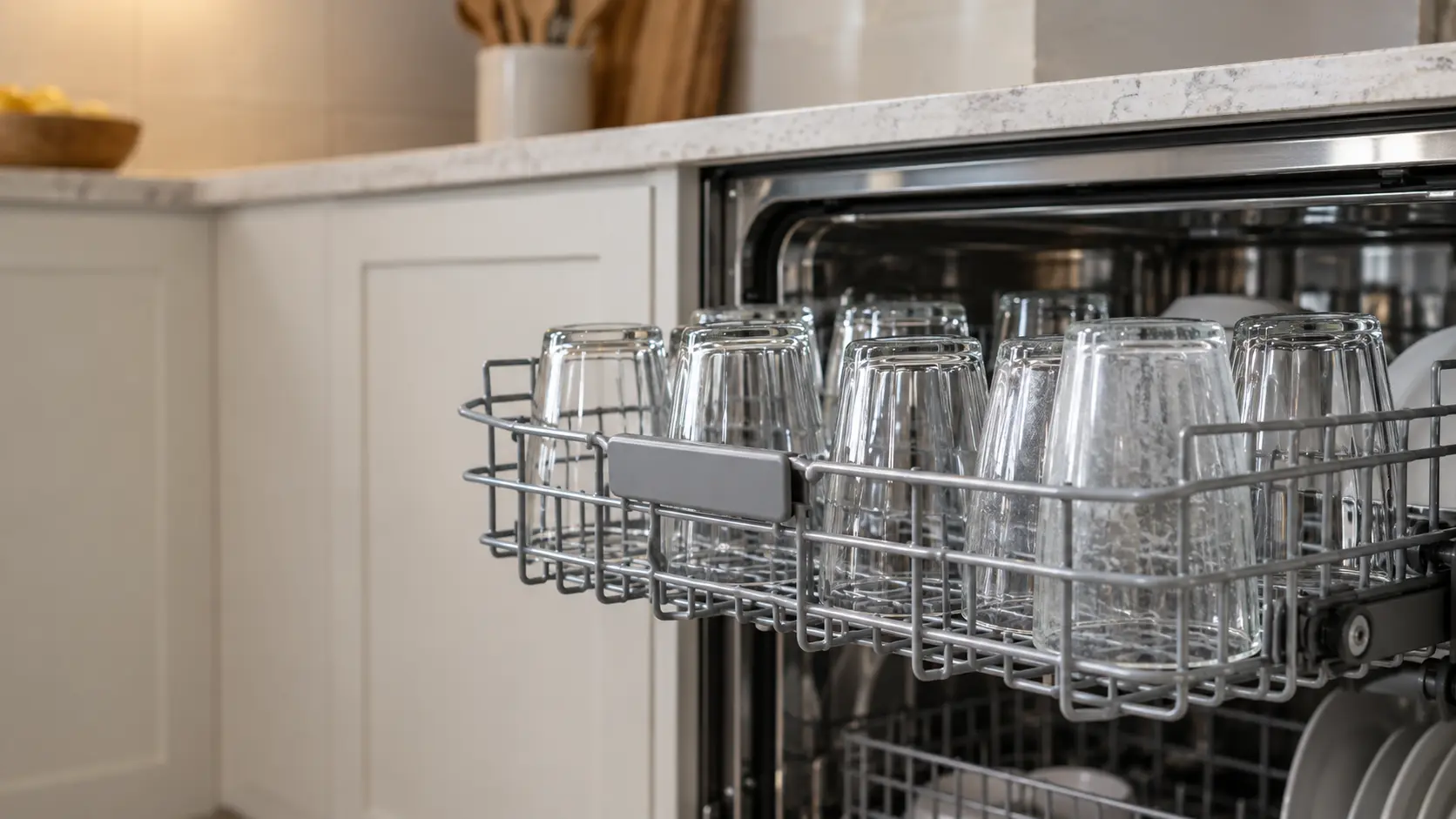 A row of drinking glasses on the upper rack of an open stainless dishwasher, some clear and some with a faint white film, in a US home kitchen.