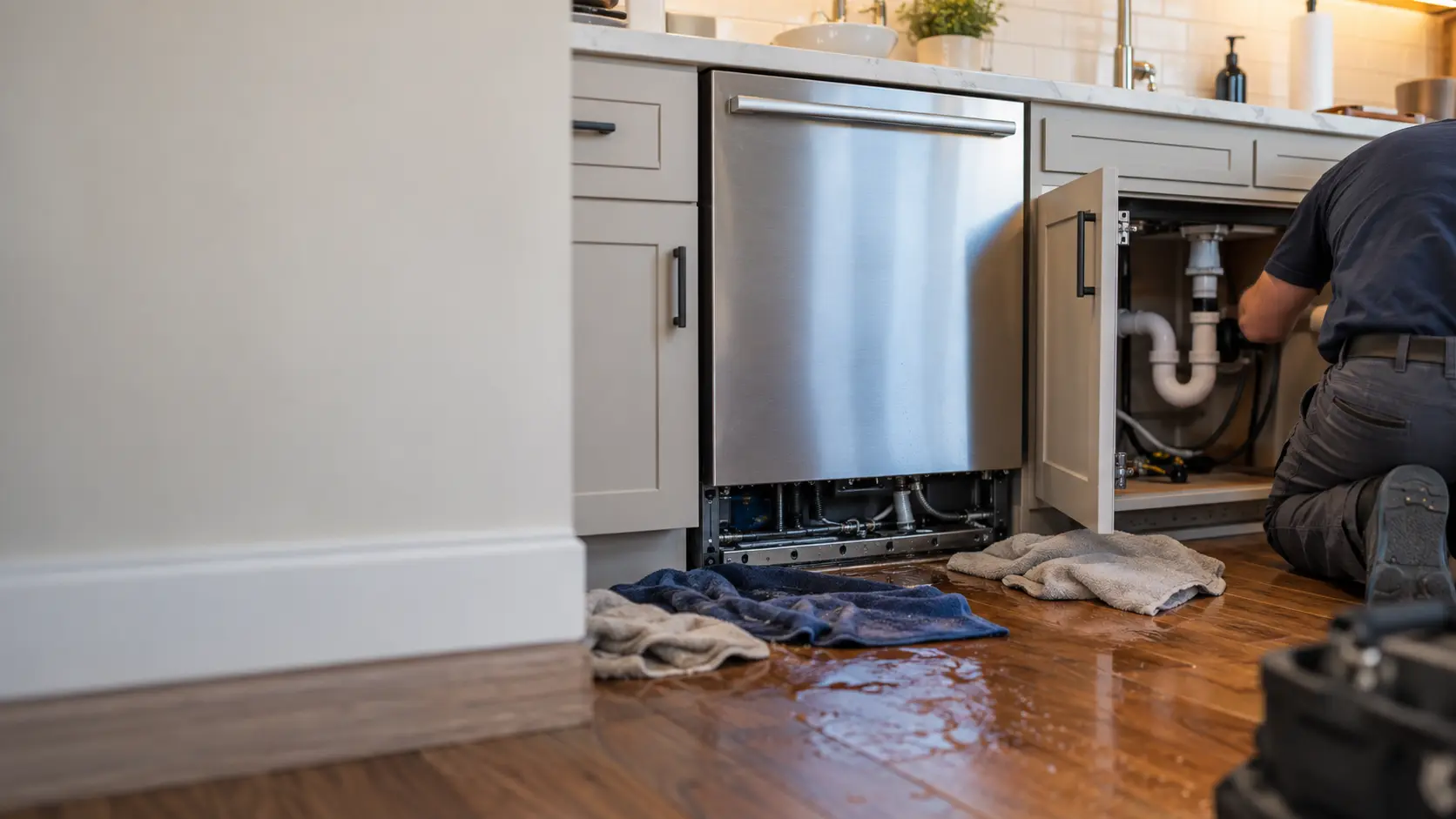 A built-in stainless dishwasher in a US home kitchen with its kick plate removed, towels on a wet wood floor in front of it and the sink cabinet doors open beside it.