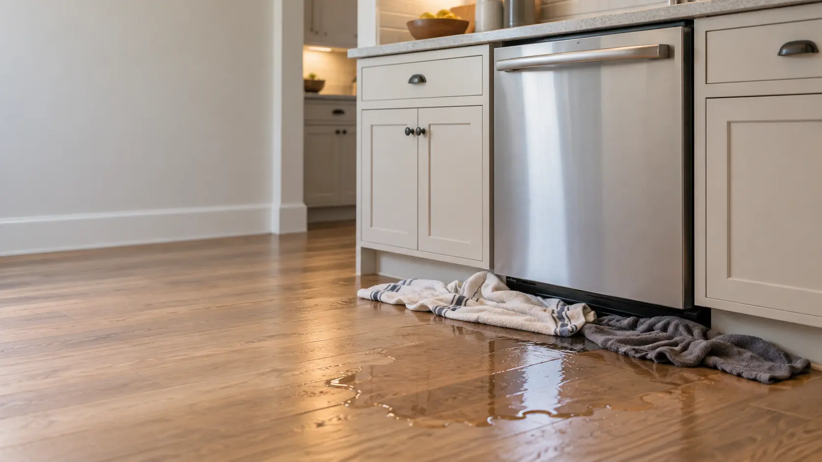 Towels laid on a kitchen floor in front of a dishwasher, a wet patch on the wood where water spread.