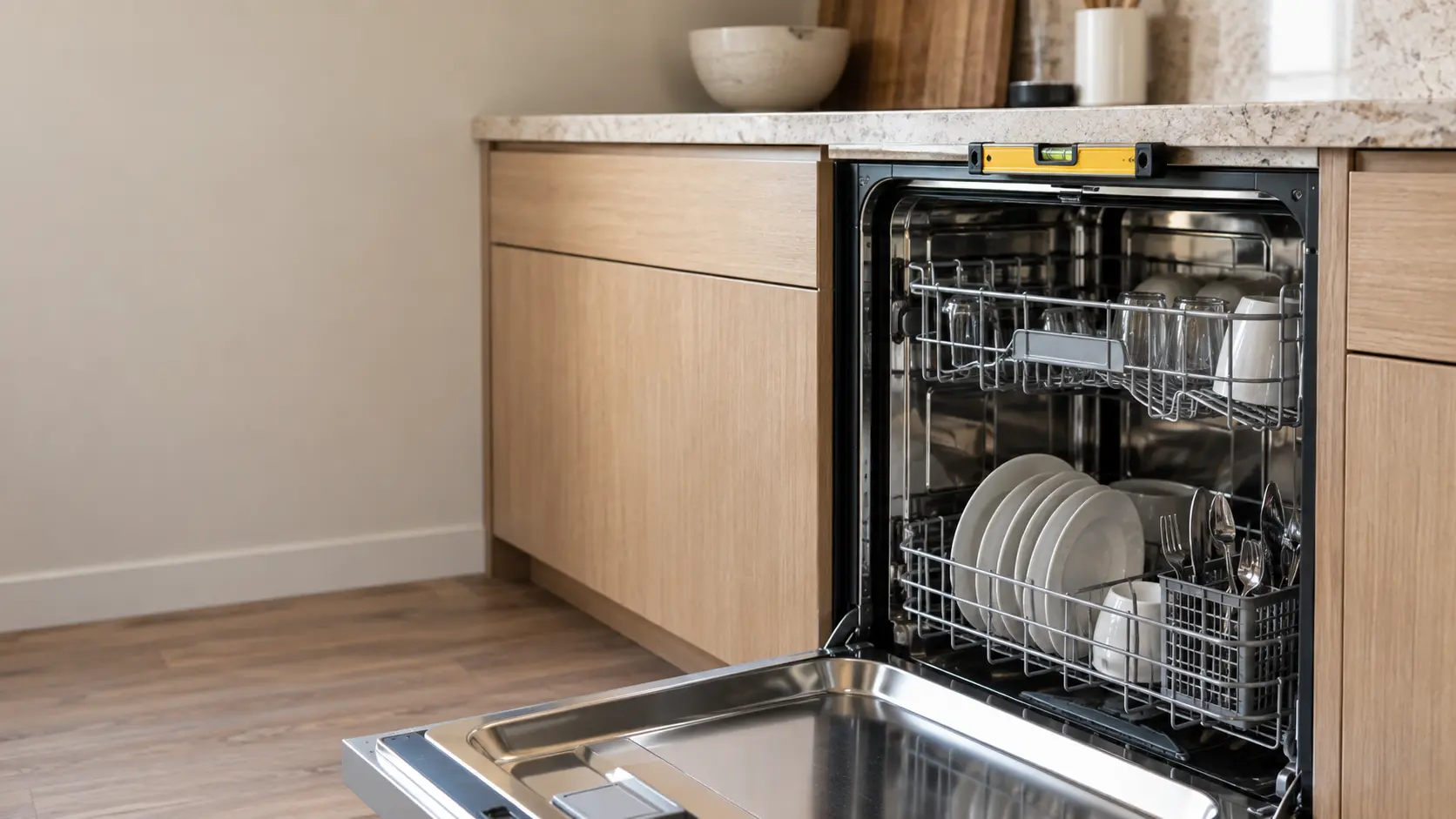 A built-in dishwasher in a US home kitchen with its door open and a small bubble level resting across the top of the door opening beneath a stone countertop.