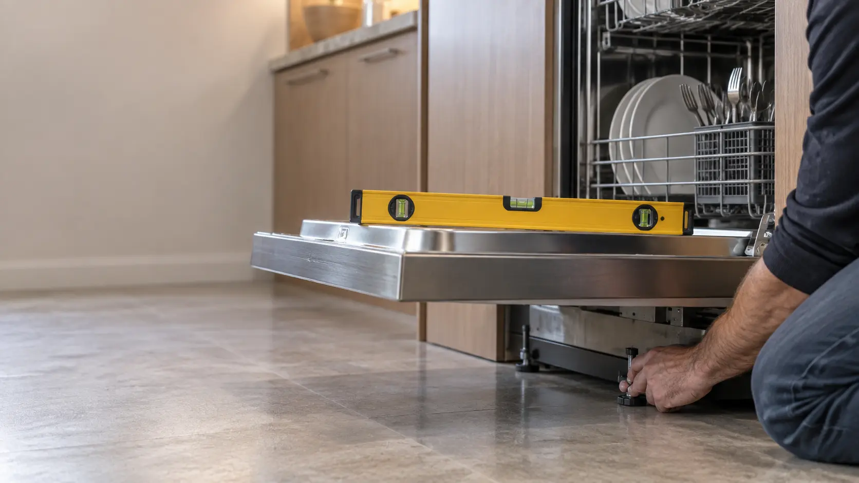 A spirit level laid across the open door of a dishwasher, a hand adjusting a front leveling foot below.