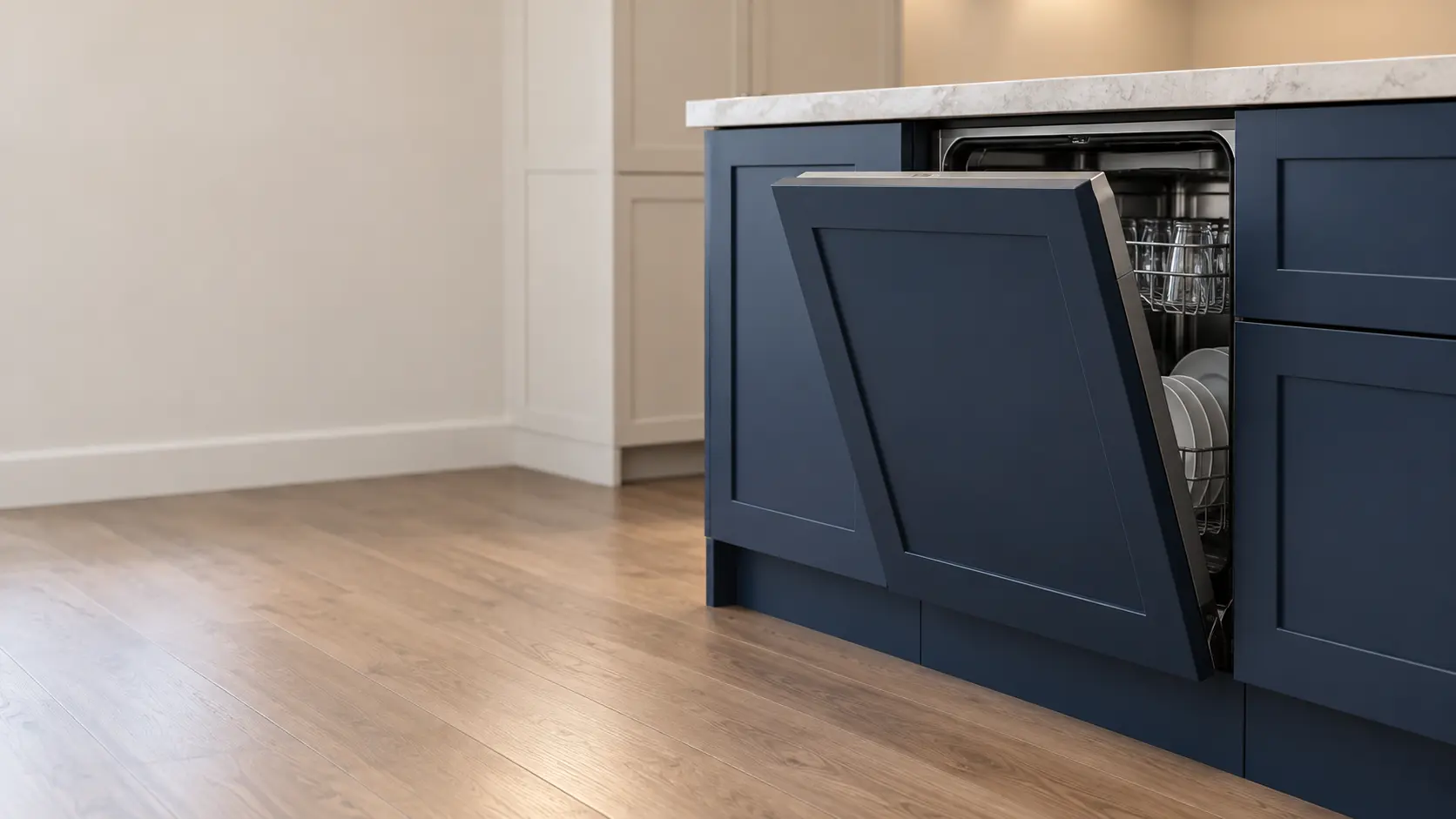 A fully integrated dishwasher hidden behind a navy shaker cabinet panel with a matching toe kick, the door slightly open to show the controls on its top edge, in a US home kitchen.
