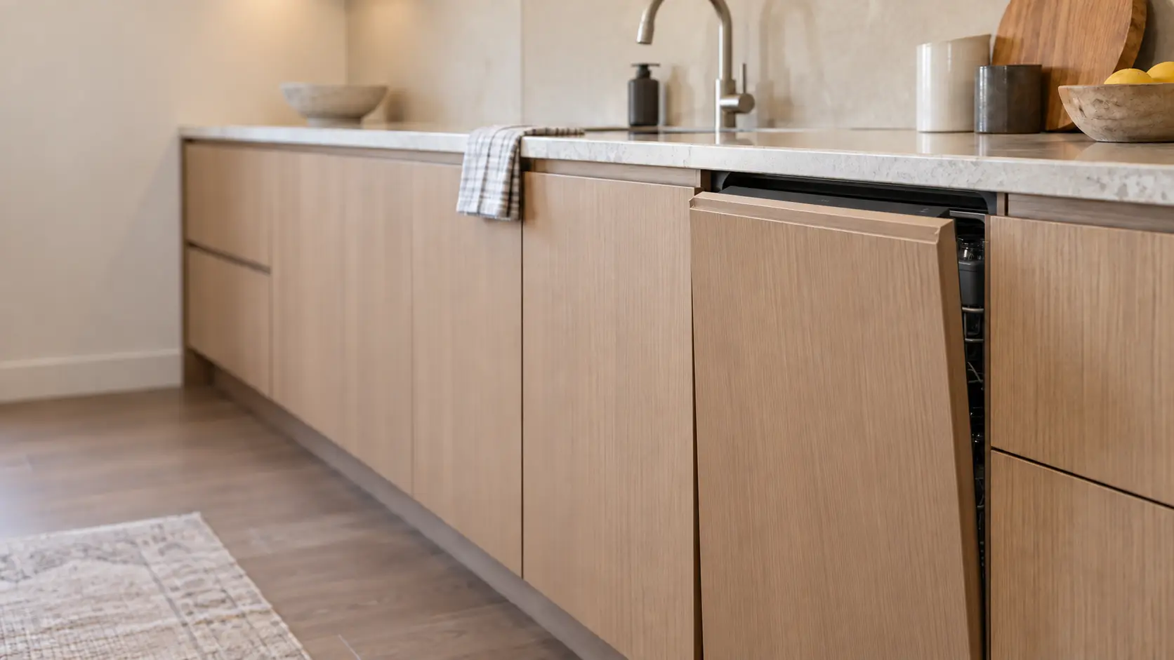 The top edge of a panel-ready dishwasher door lowered a few inches, its hidden control strip and the wood panel's edge visible.