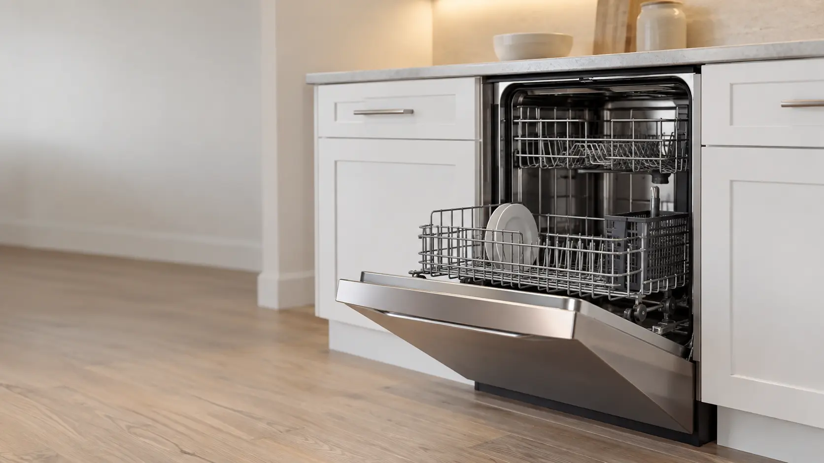 A stainless 24-inch built-in dishwasher with its door half open and the lower rack pulled out, set between white shaker cabinets in a bright US home kitchen.