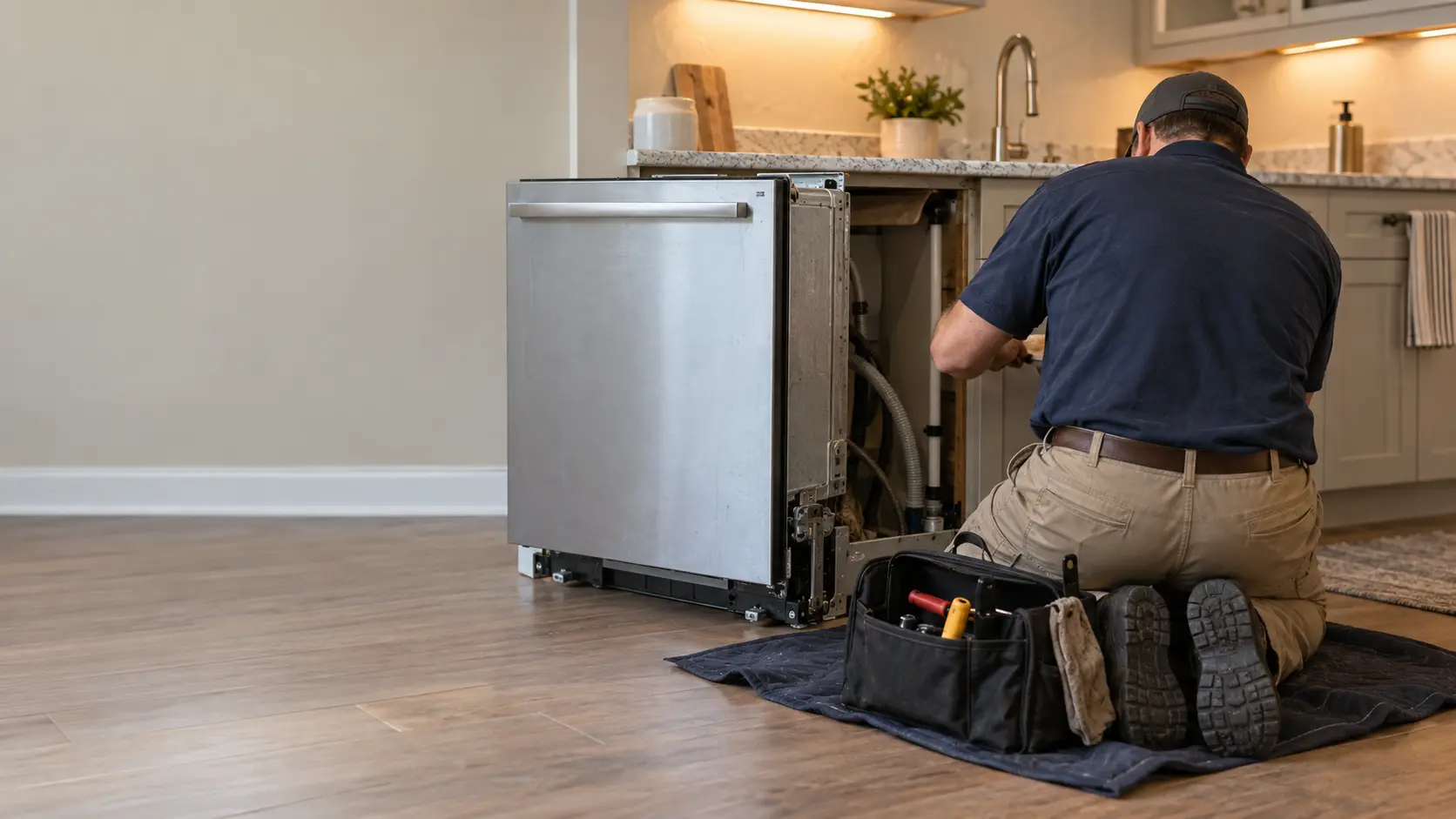 An older dishwasher pulled out of its opening, a technician kneeling beside it with a tool bag, seen from behind.