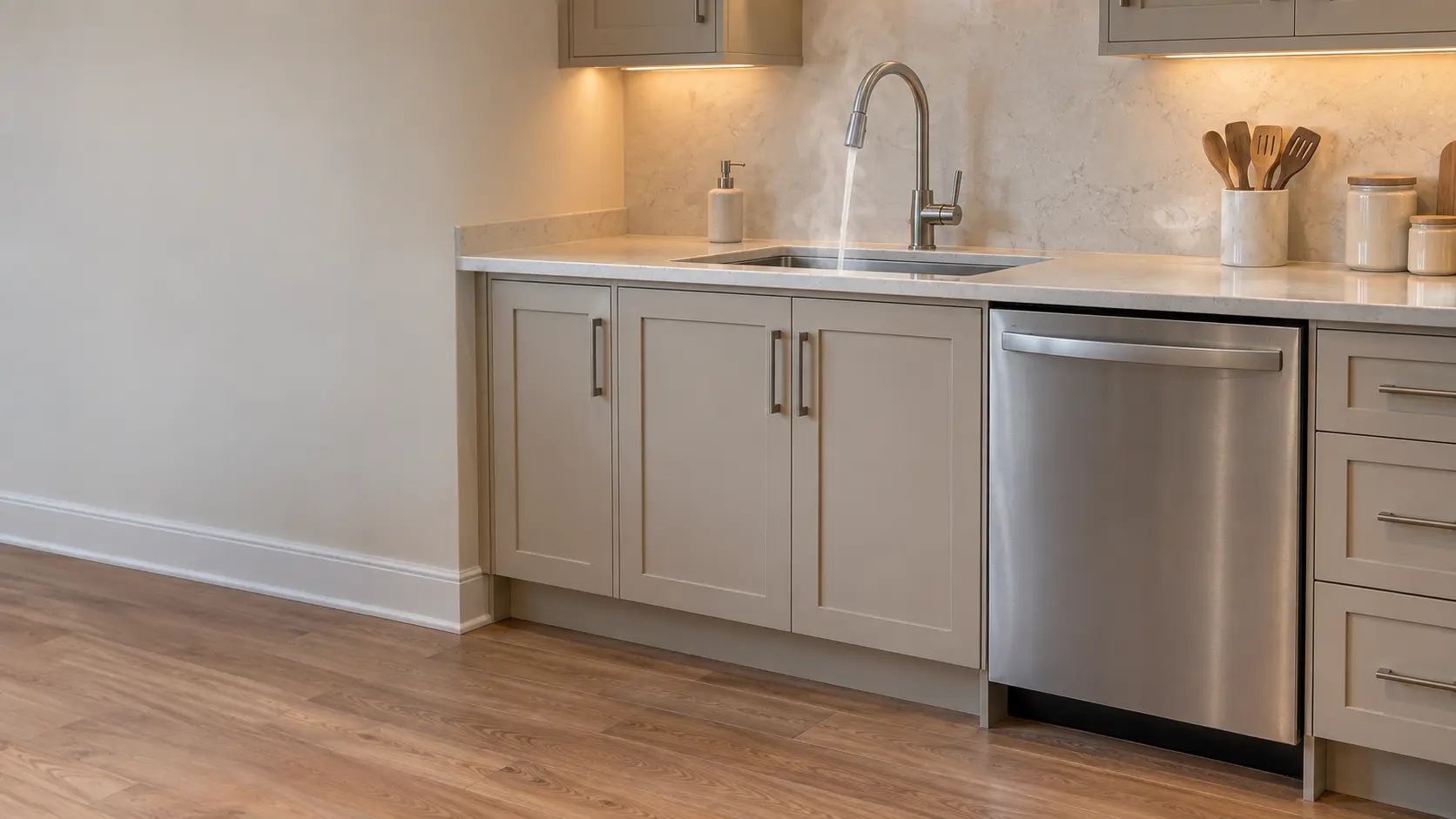 A kitchen faucet running over a sink beside a closed stainless built-in dishwasher, a little steam rising from the stream, in a US home kitchen.