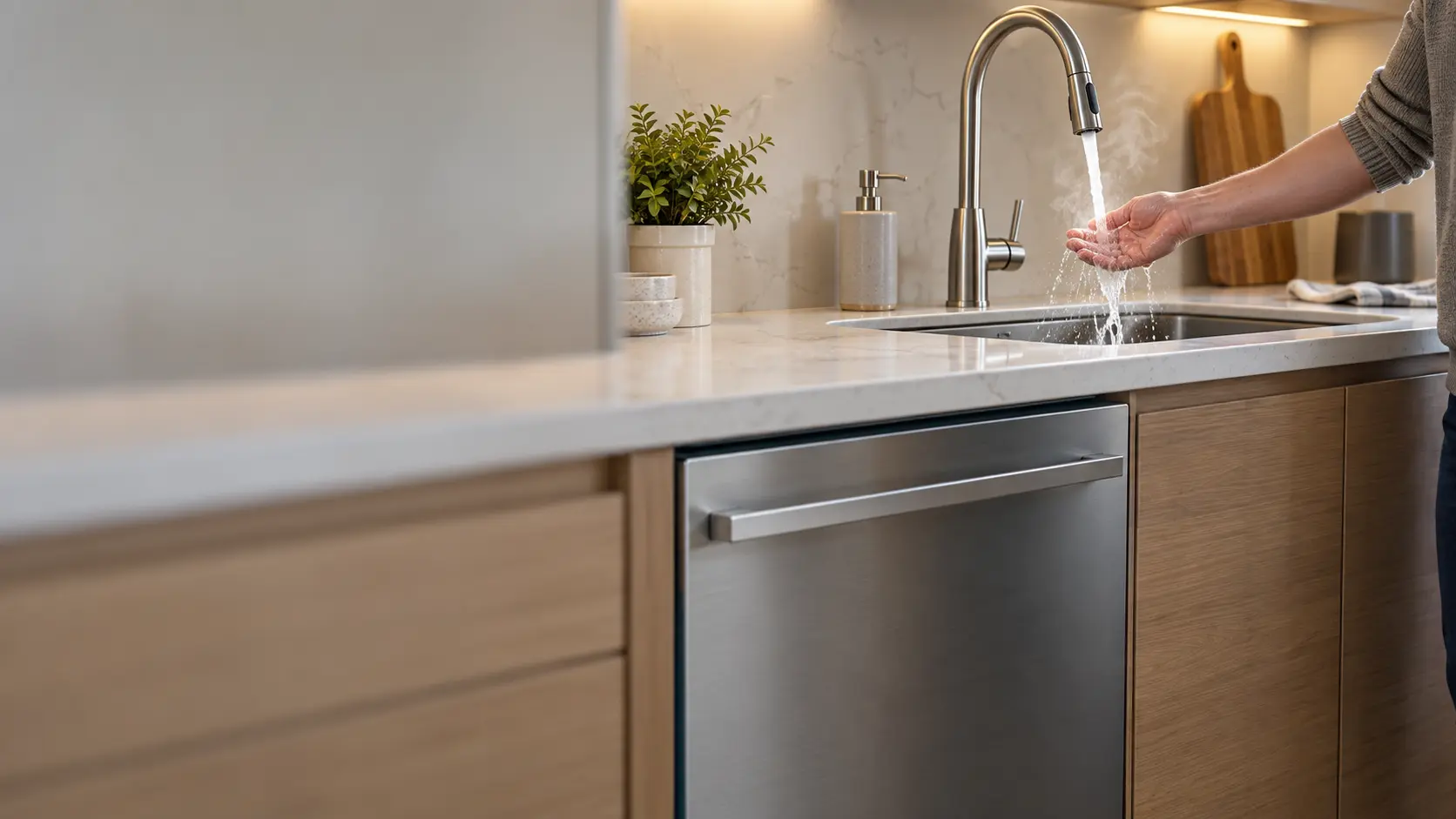 A hand under a kitchen faucet feeling the water as it runs hot, steam faint, a closed dishwasher beside the sink.