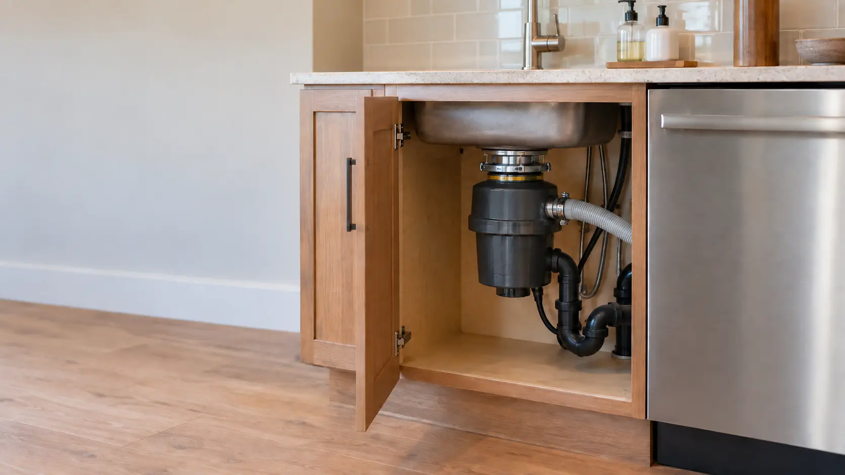 The open sink base cabinet of a US home kitchen showing a garbage disposal with a dishwasher drain hose clamped to its side inlet, a built-in dishwasher beside the cabinet.
