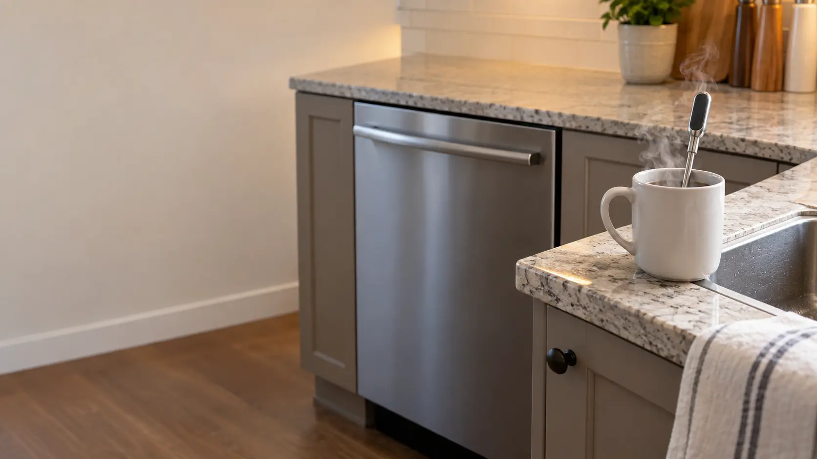 A kitchen thermometer standing in a mug of steaming water on the edge of a sink in a US home kitchen, with a built-in dishwasher closed beside the sink cabinet.