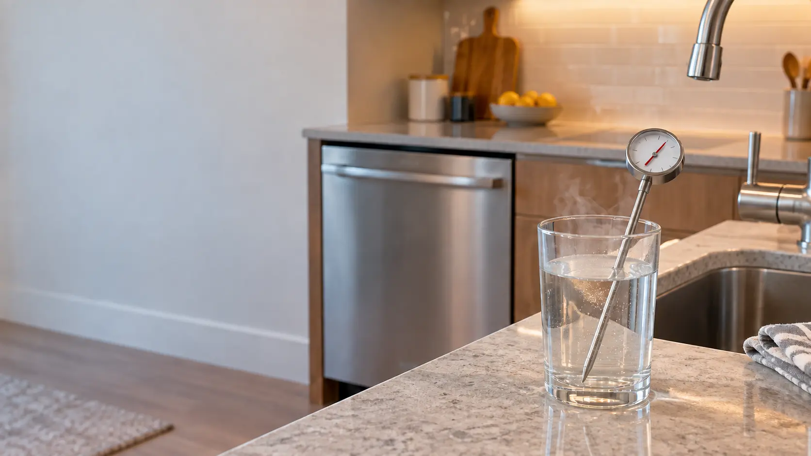 A kitchen thermometer standing in a glass of hot tap water on a stone countertop beside the sink.