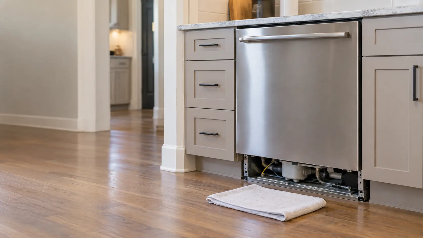 A built-in dishwasher in a US home kitchen with its toe kick panel removed and a folded towel on the wood floor in front of it.